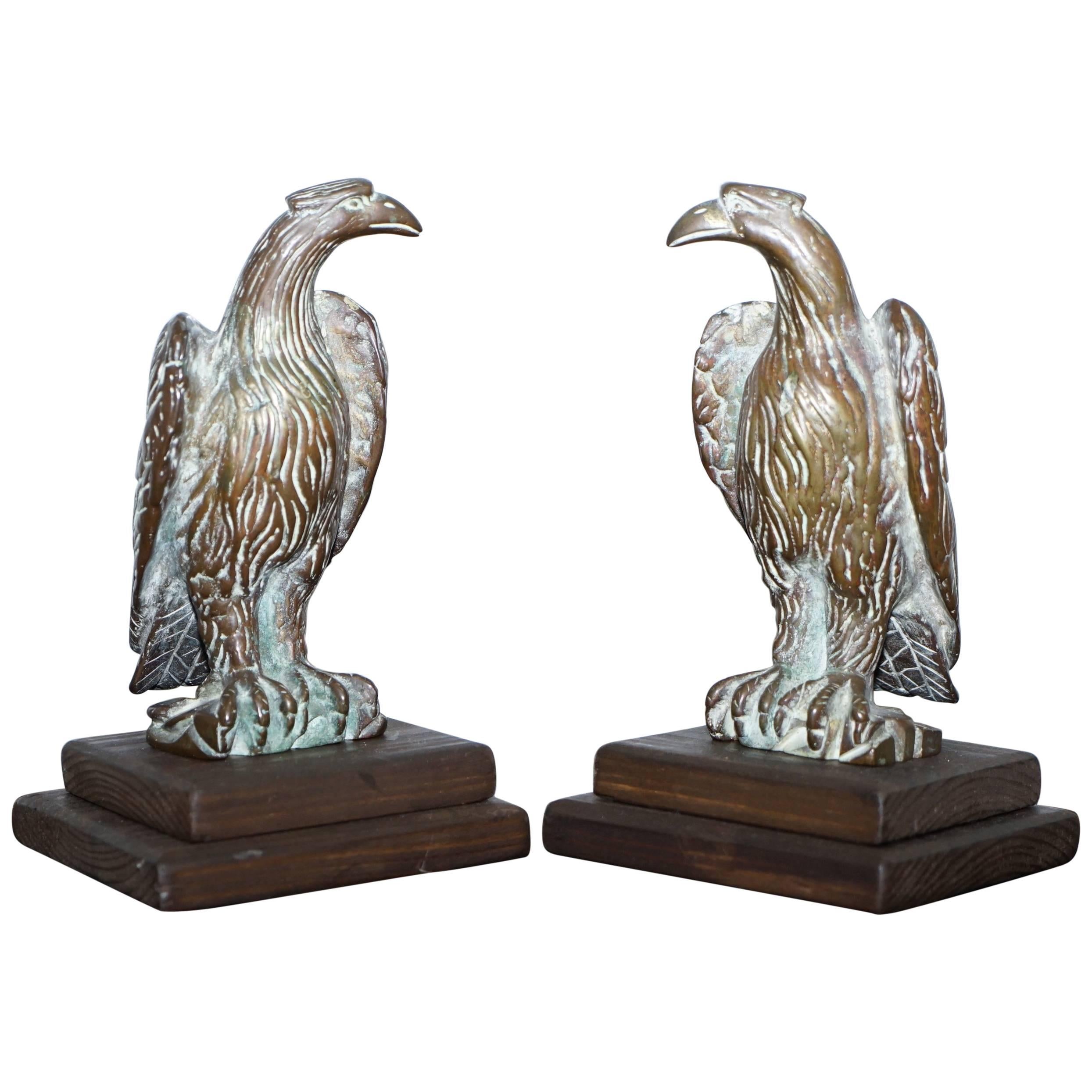 Pair of Religious Bronze Staff Finial Mounts of Hawks, Mounted Two Step Base