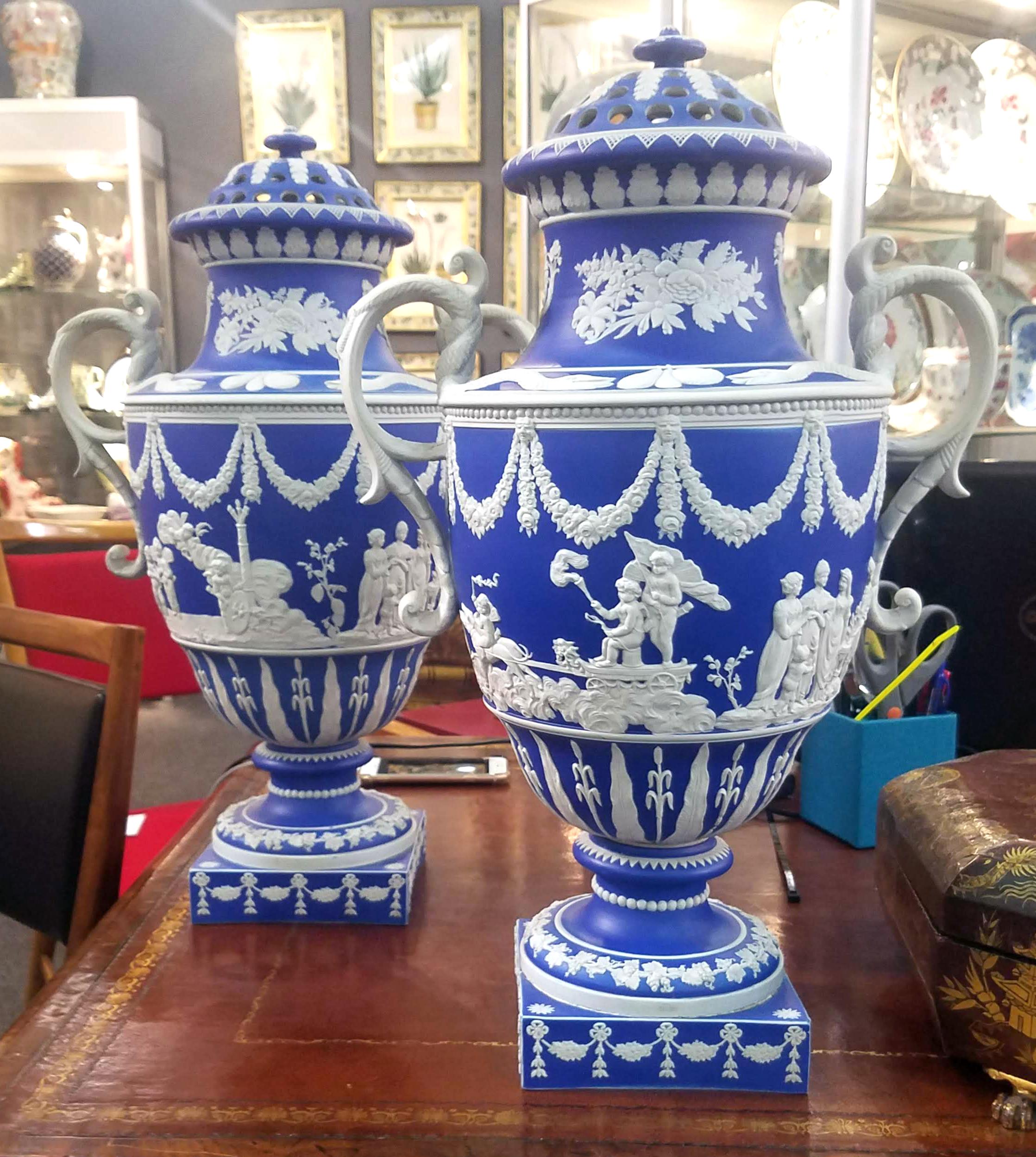Regency Antique Blue Jasper Dipped Sprigged Stoneware Vases & Covers