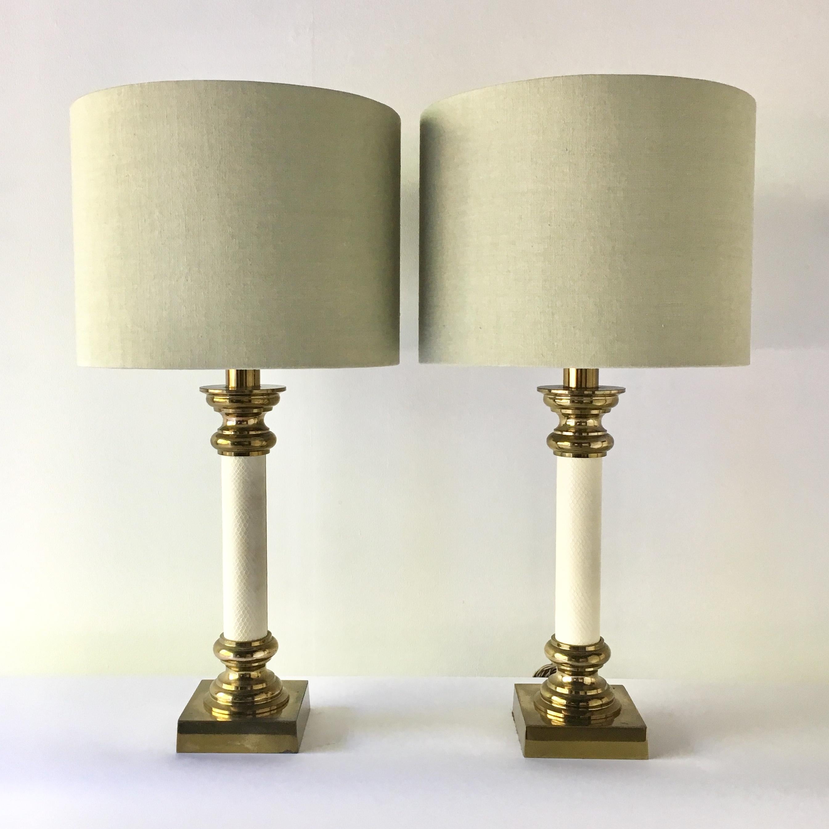 American Pair of Rembrandt Brass and Faux Snakeskin Table Lamps, 1960s