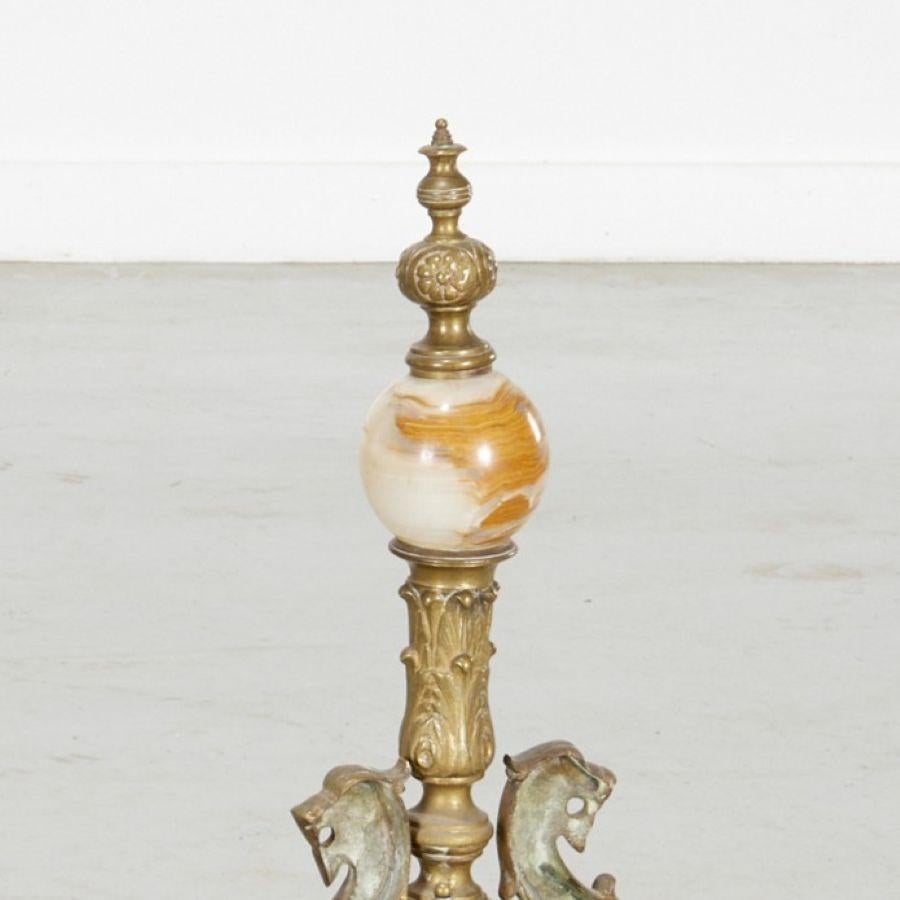 Cast Pair of Renaissance Revival Brass and Onyx Chenets, The Iris Apfel Collection For Sale