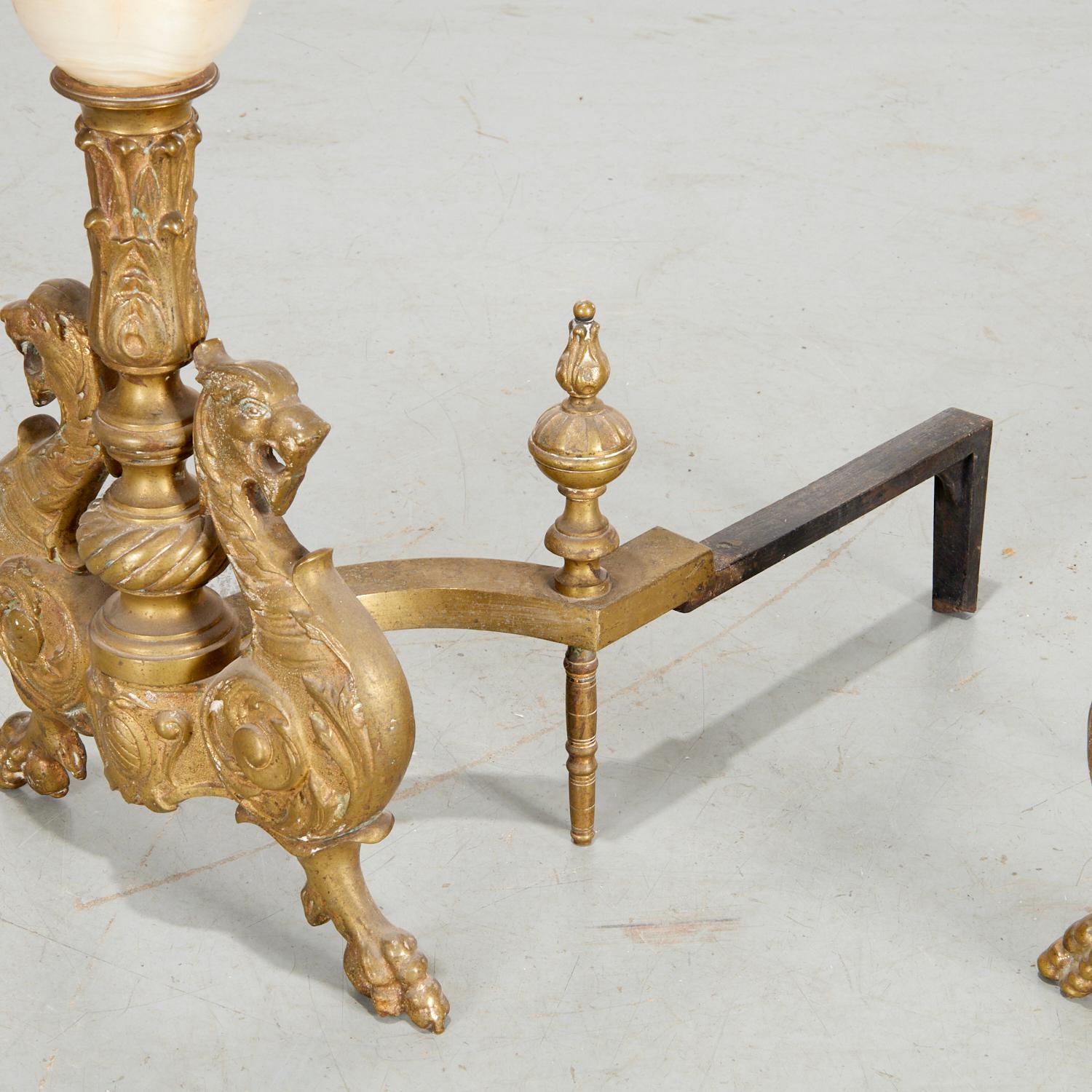 Pair of Renaissance Revival Brass and Onyx Chenets, The Iris Apfel Collection In Good Condition For Sale In Morristown, NJ