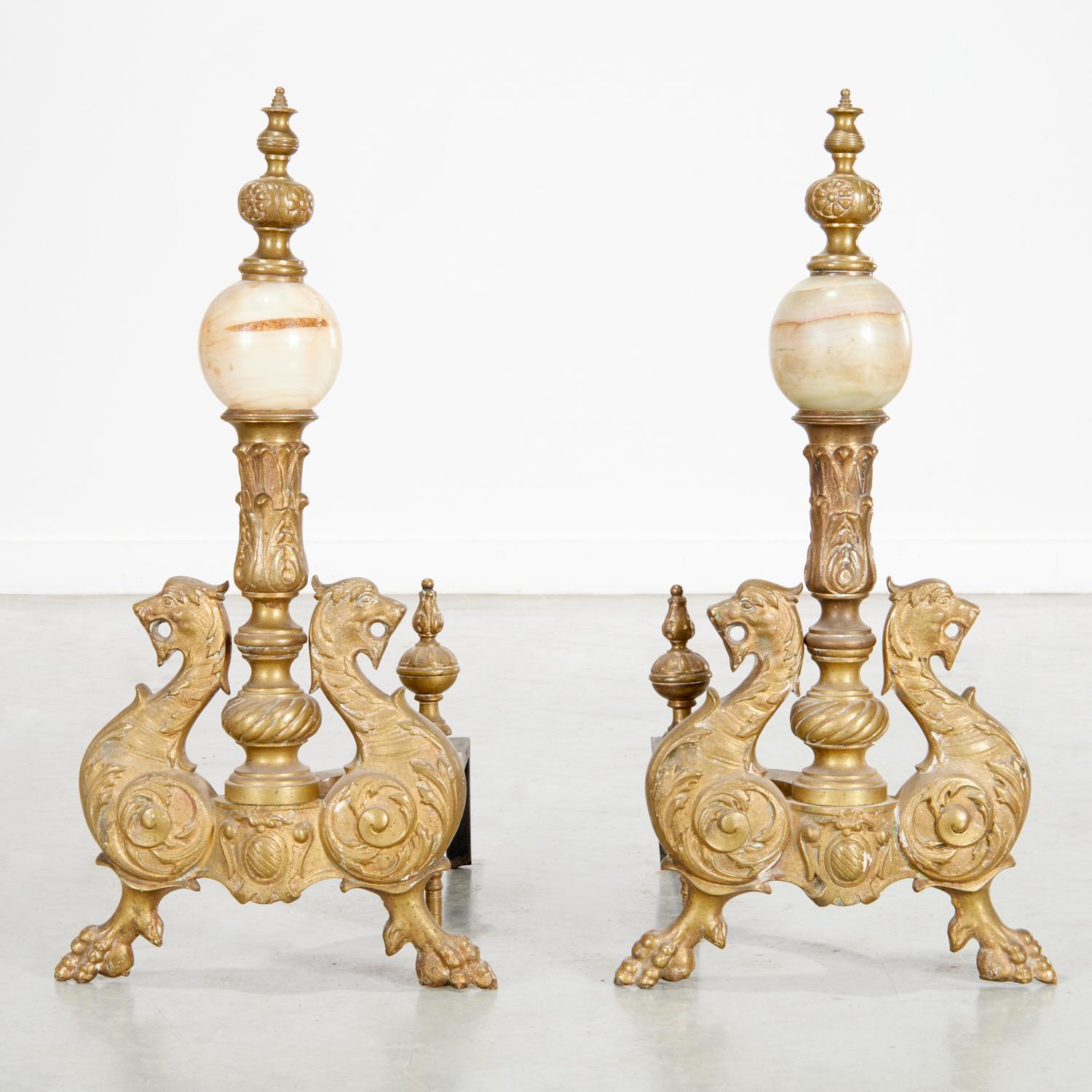 19th Century Pair of Renaissance Revival Brass and Onyx Chenets, The Iris Apfel Collection For Sale