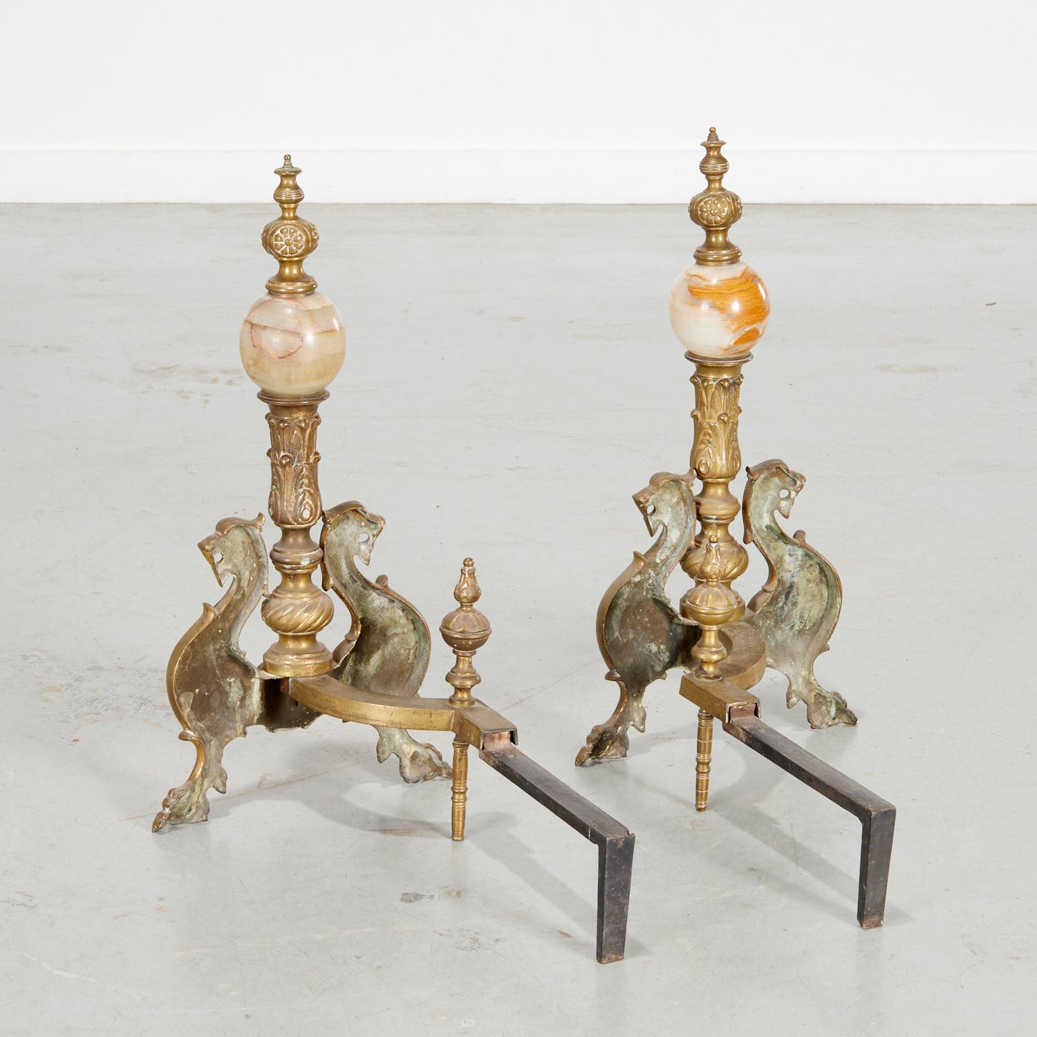 Pair of Renaissance Revival Brass and Onyx Chenets, The Iris Apfel Collection For Sale 1