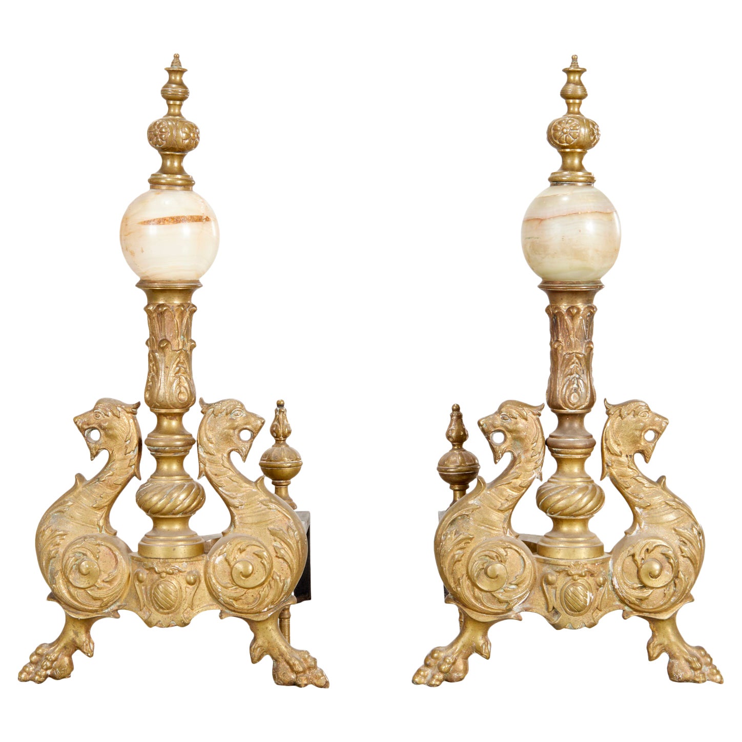Pair of Renaissance Revival Brass and Onyx Chenets, The Iris Apfel Collection For Sale