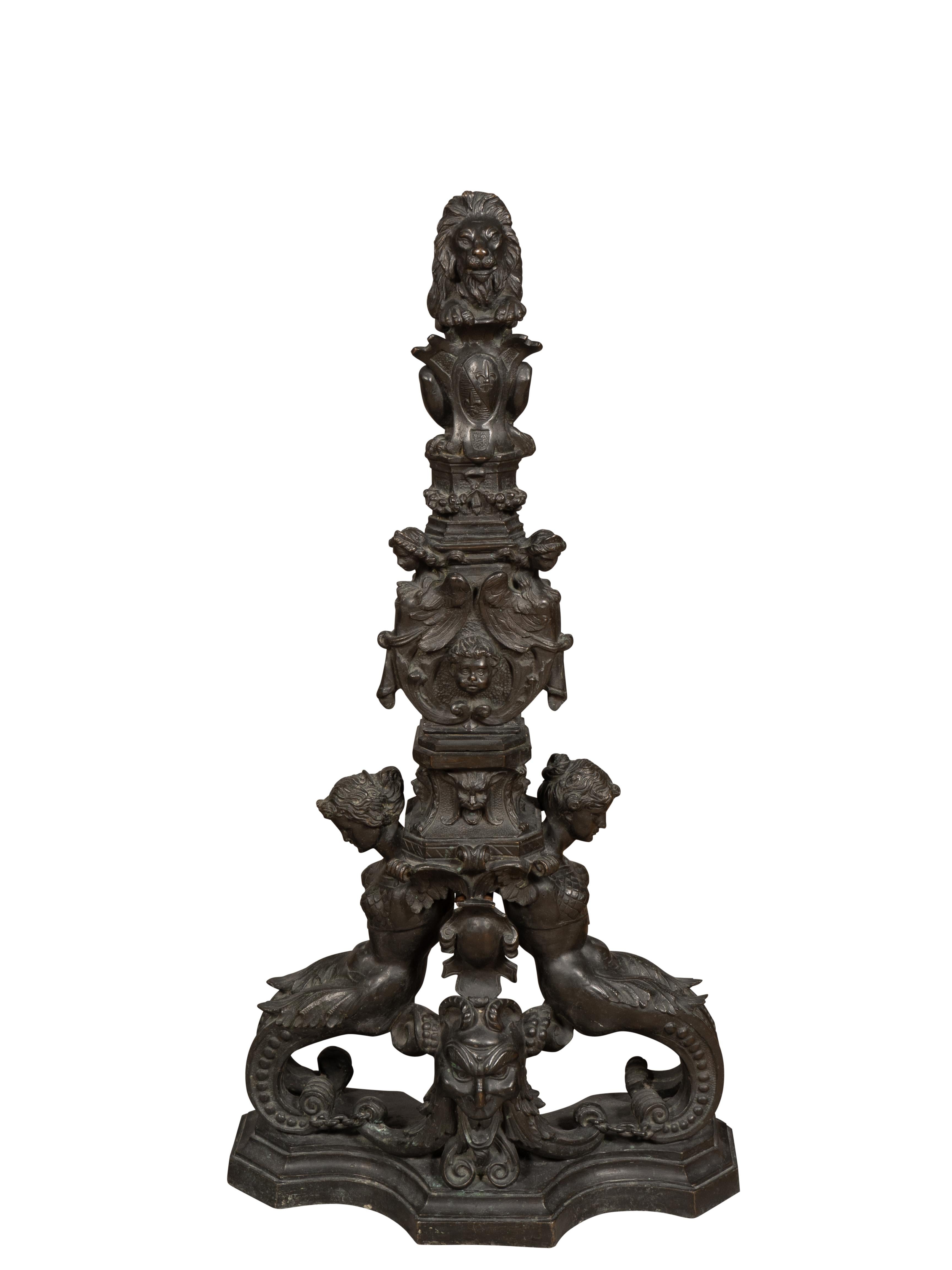 Italian Pair Of Renaissance Revival Bronze Andirons For Sale