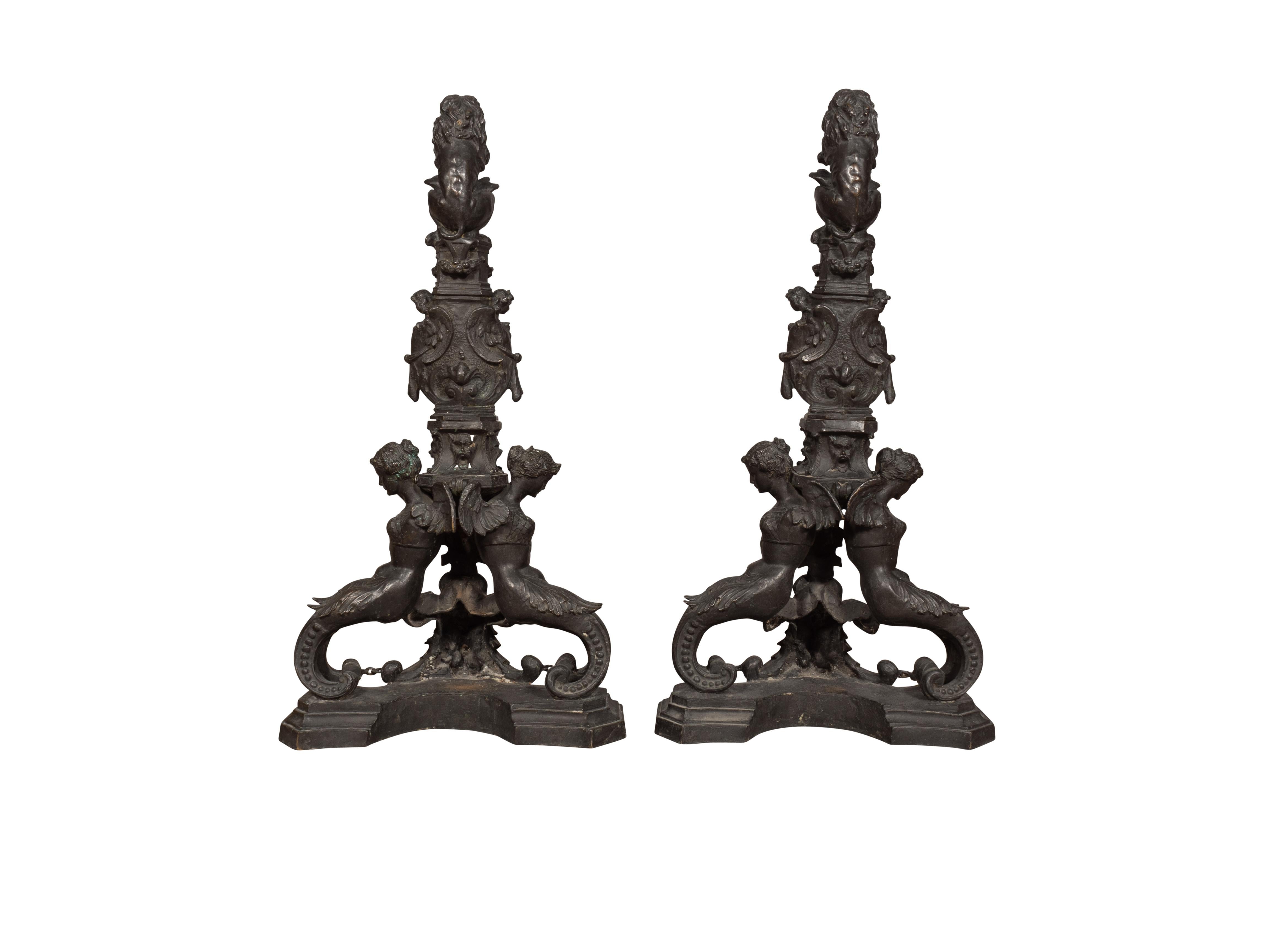 Pair Of Renaissance Revival Bronze Andirons In Good Condition For Sale In Essex, MA