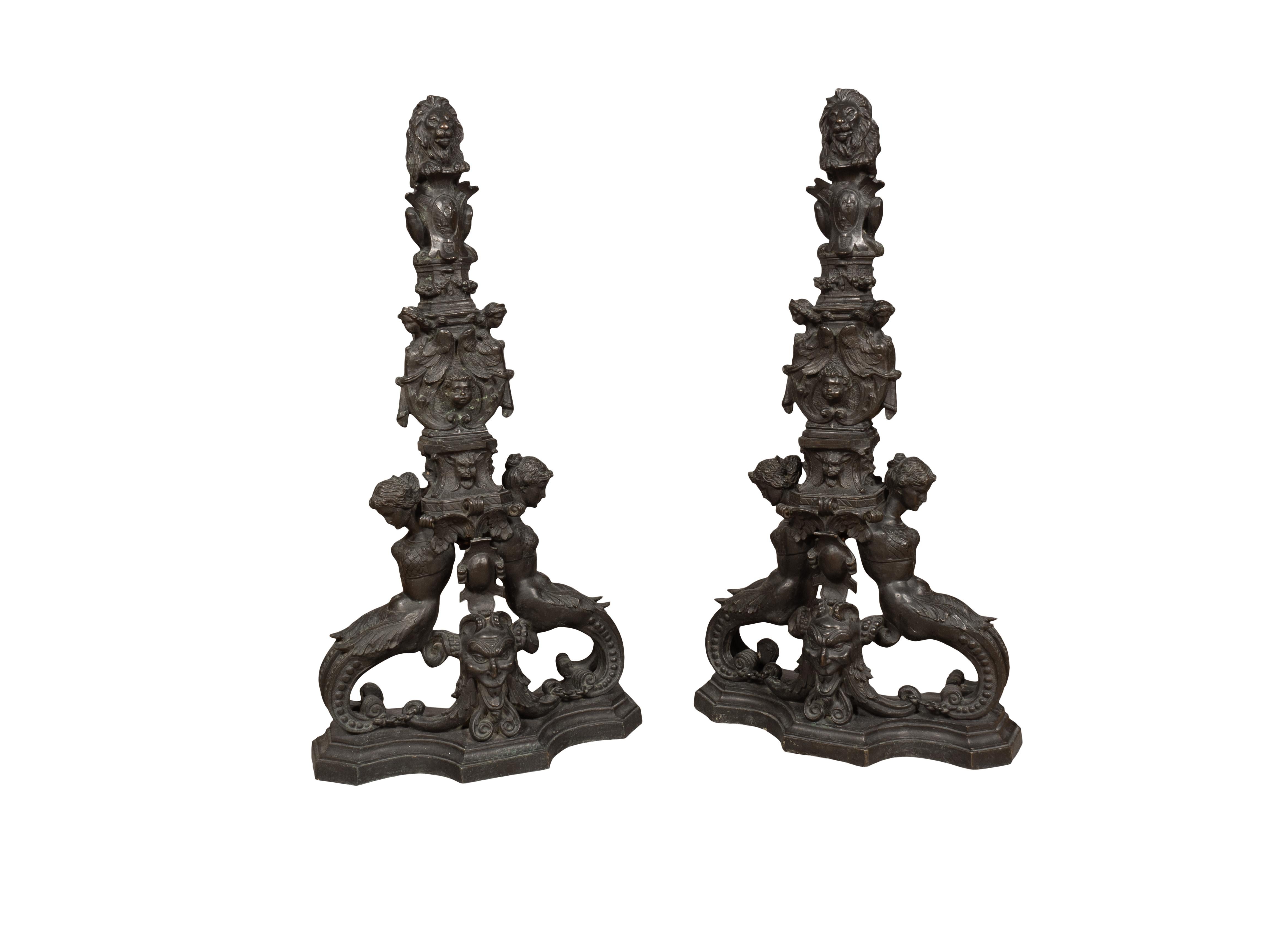 Late 19th Century Pair Of Renaissance Revival Bronze Andirons For Sale