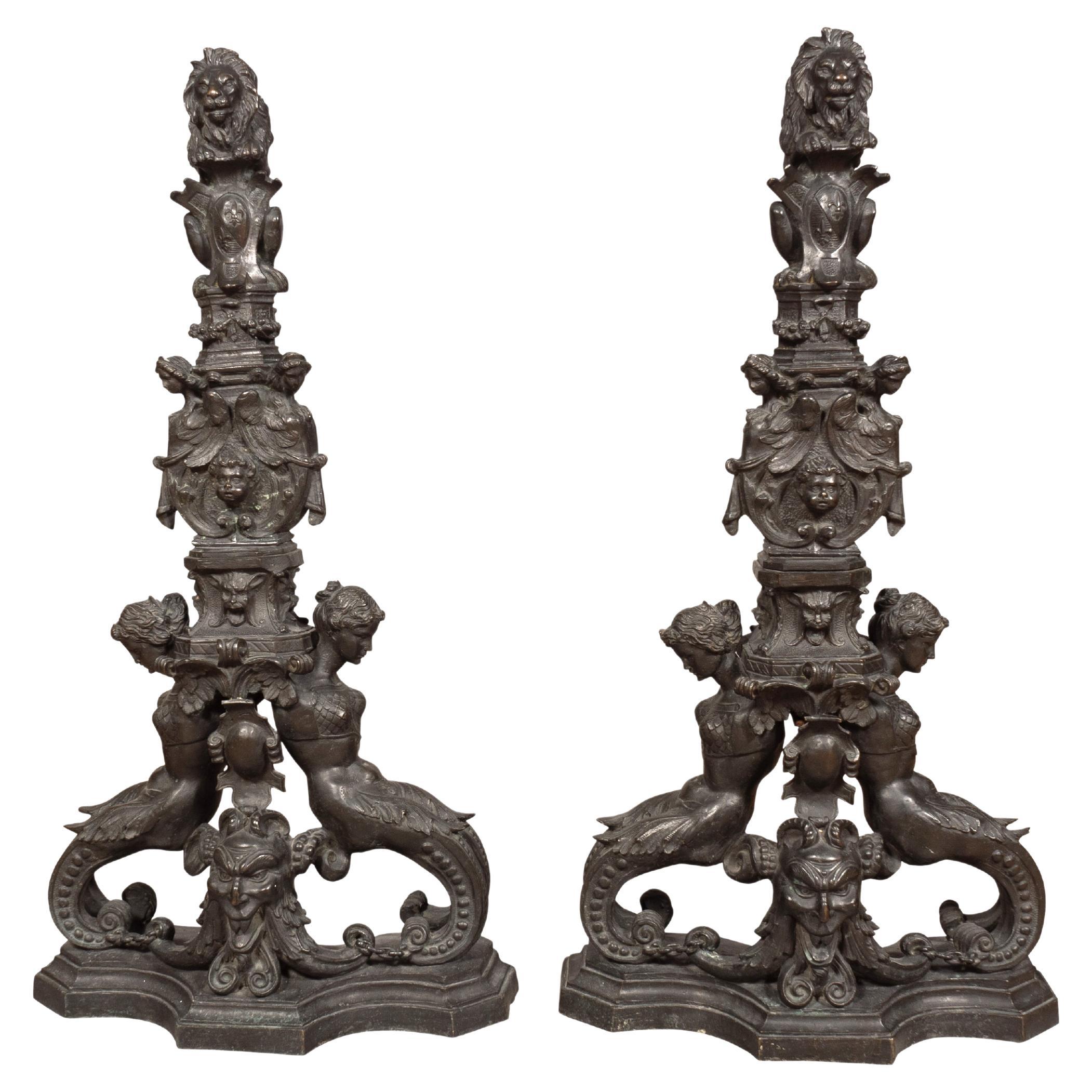 Pareja De Andirones De Bronce Renacentistas