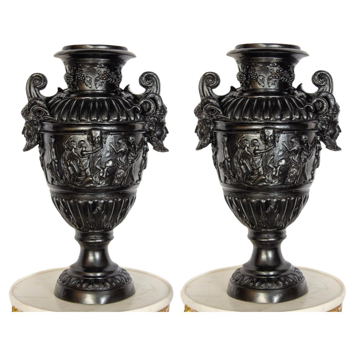 Pair of Renaissance Revival Bronze Black Painted Vases For Sale