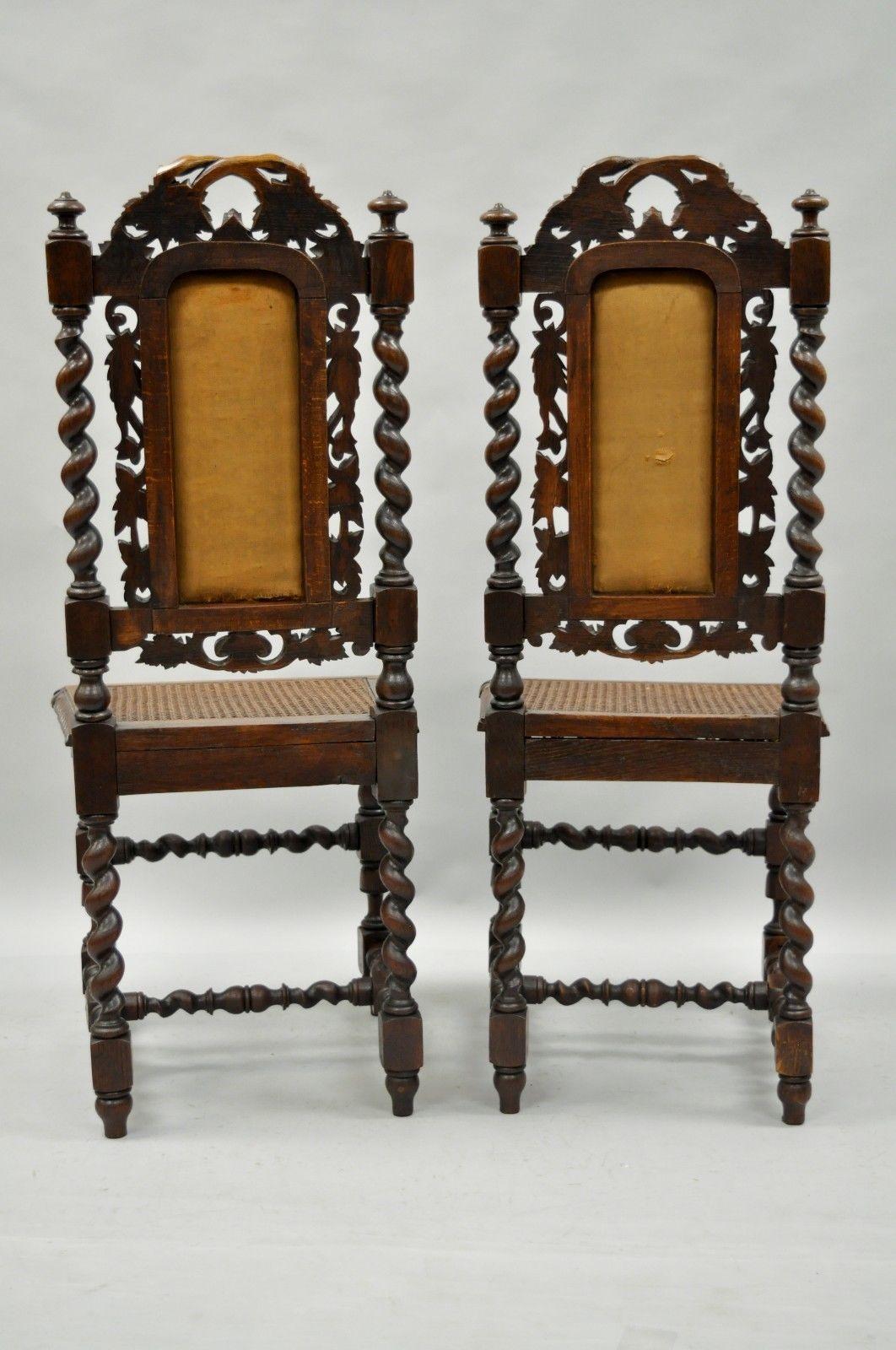 Pair of Renaissance Revival Carved Oakwood Black Forest Barley Twist Cane Chairs 4