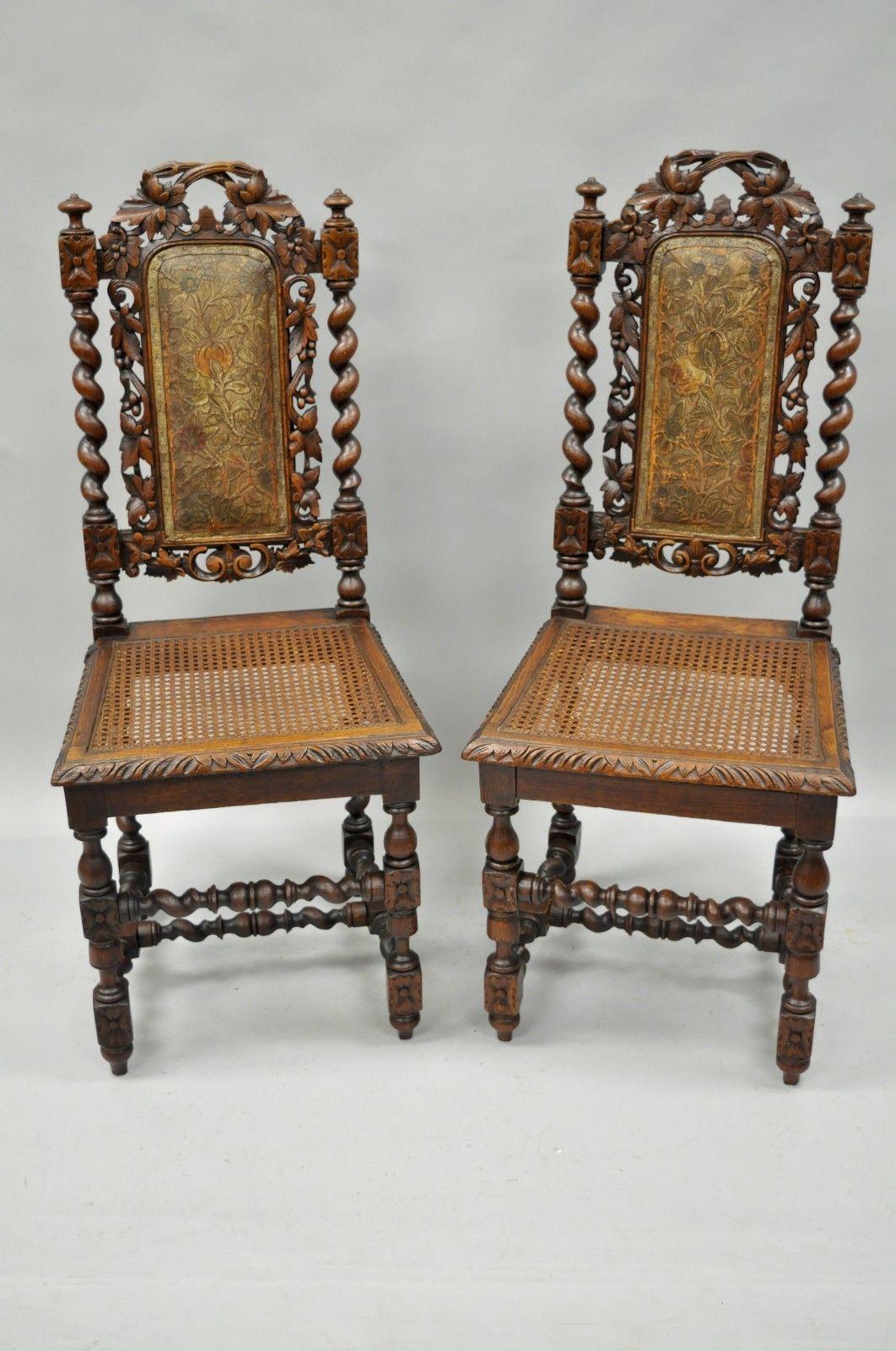 Pair of Renaissance Revival Carved Oakwood Black Forest Barley Twist Cane Chairs 6