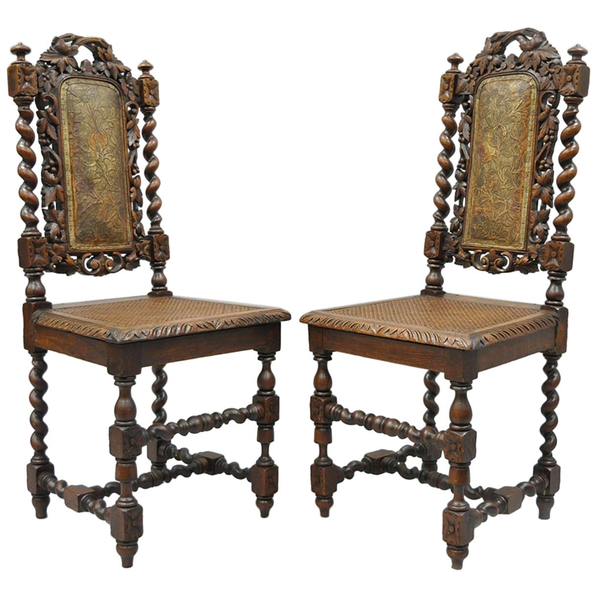 Pair of Renaissance Revival Carved Oakwood Black Forest Barley Twist Cane Chairs
