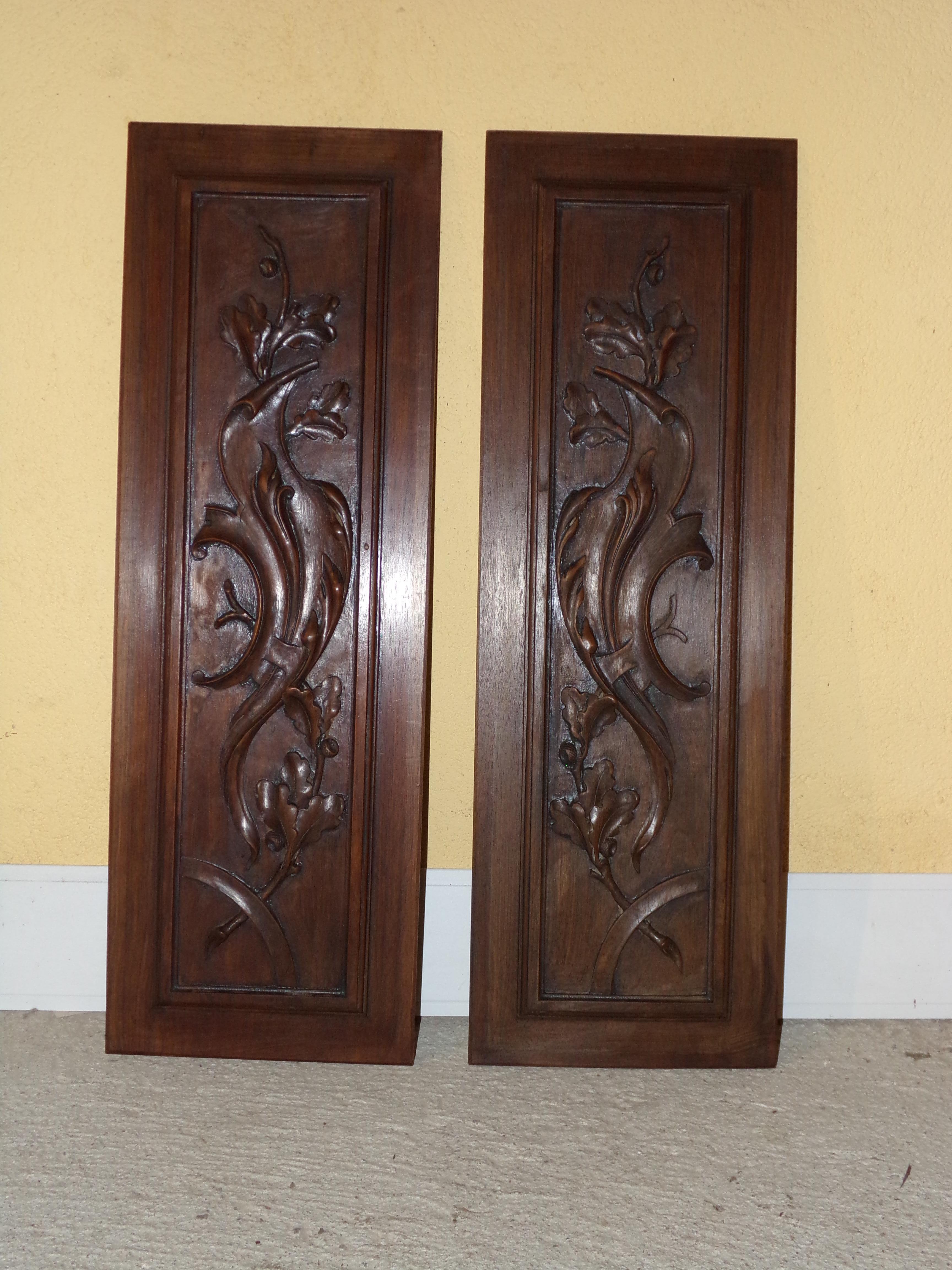 A fine pair of Renaissance Revival panels in solid hand carved walnut, circa 1880
Size
 Height 25.5 inches 
Width 8.5 inches
 Thickness 1/2 an inch.