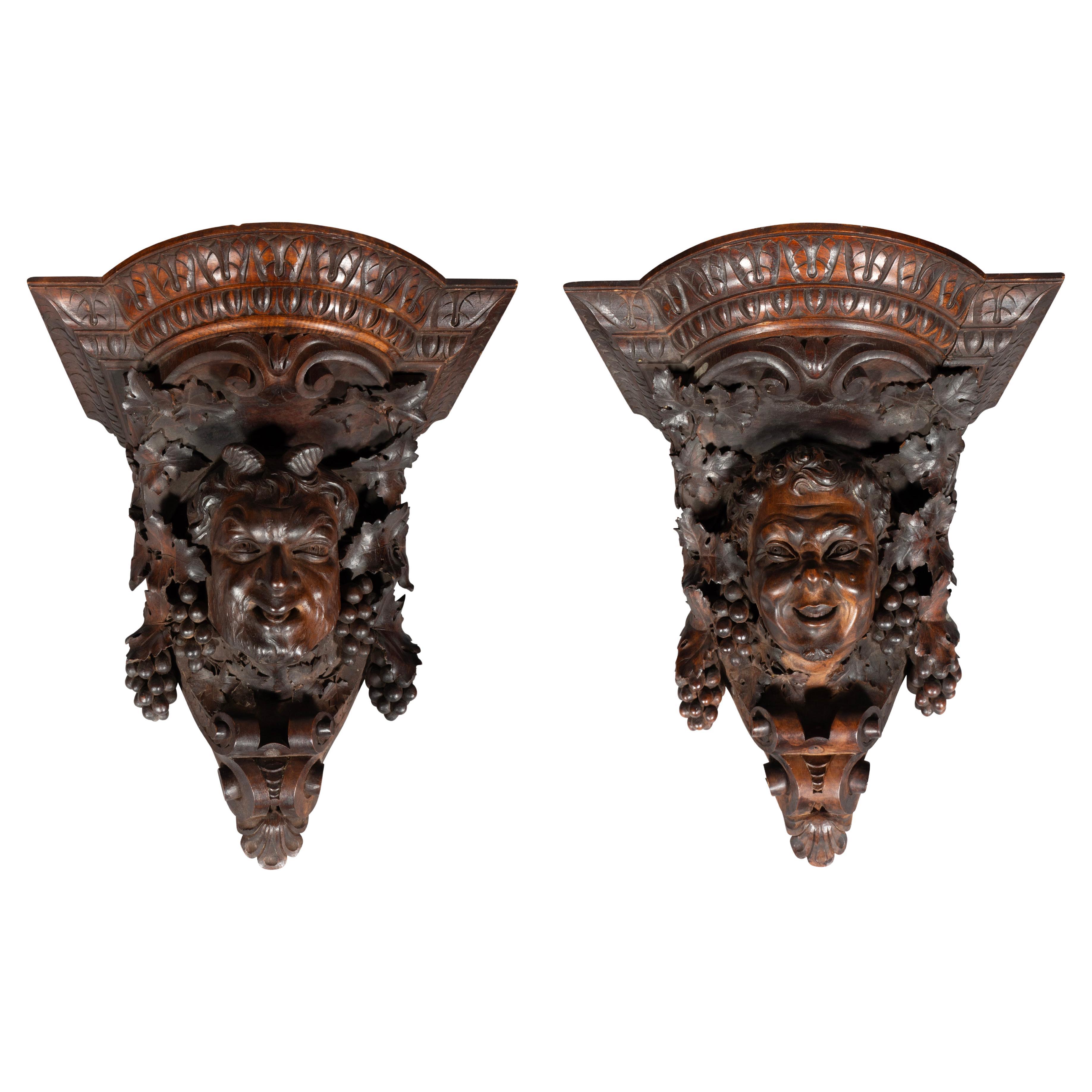 Pair Of Renaissance Revival Carved Walnut Wall Brackets By Luigi Frullini For Sale