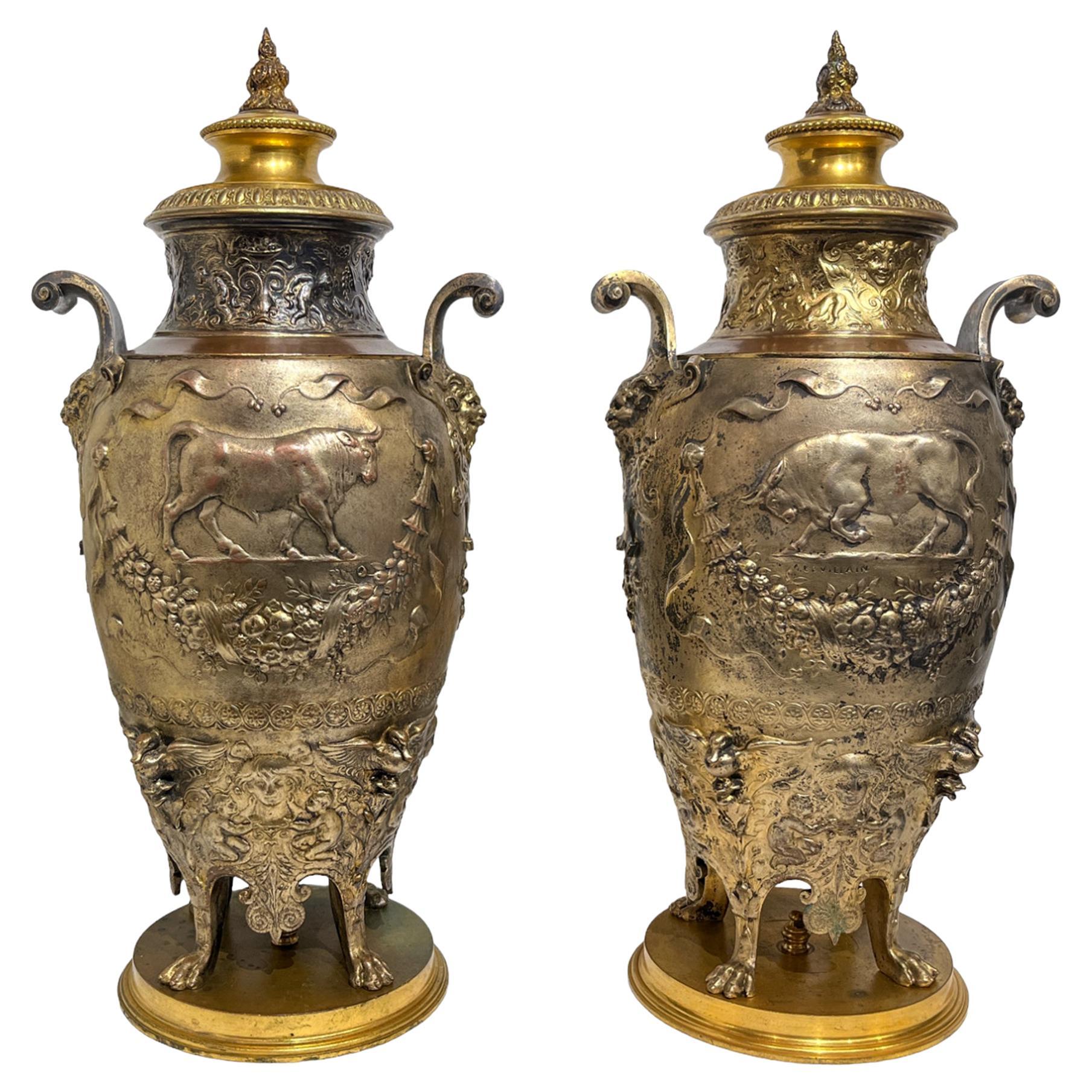 Pair of Renaissance Revival Gilt Bronze Covered Urns by Levillain