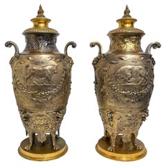 Antique Pair of Renaissance Revival Gilt Bronze Covered Urns by Levillain 
