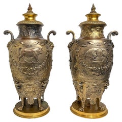Pair of Renaissance Revival Gilt Bronze Covered Urns by Levillain