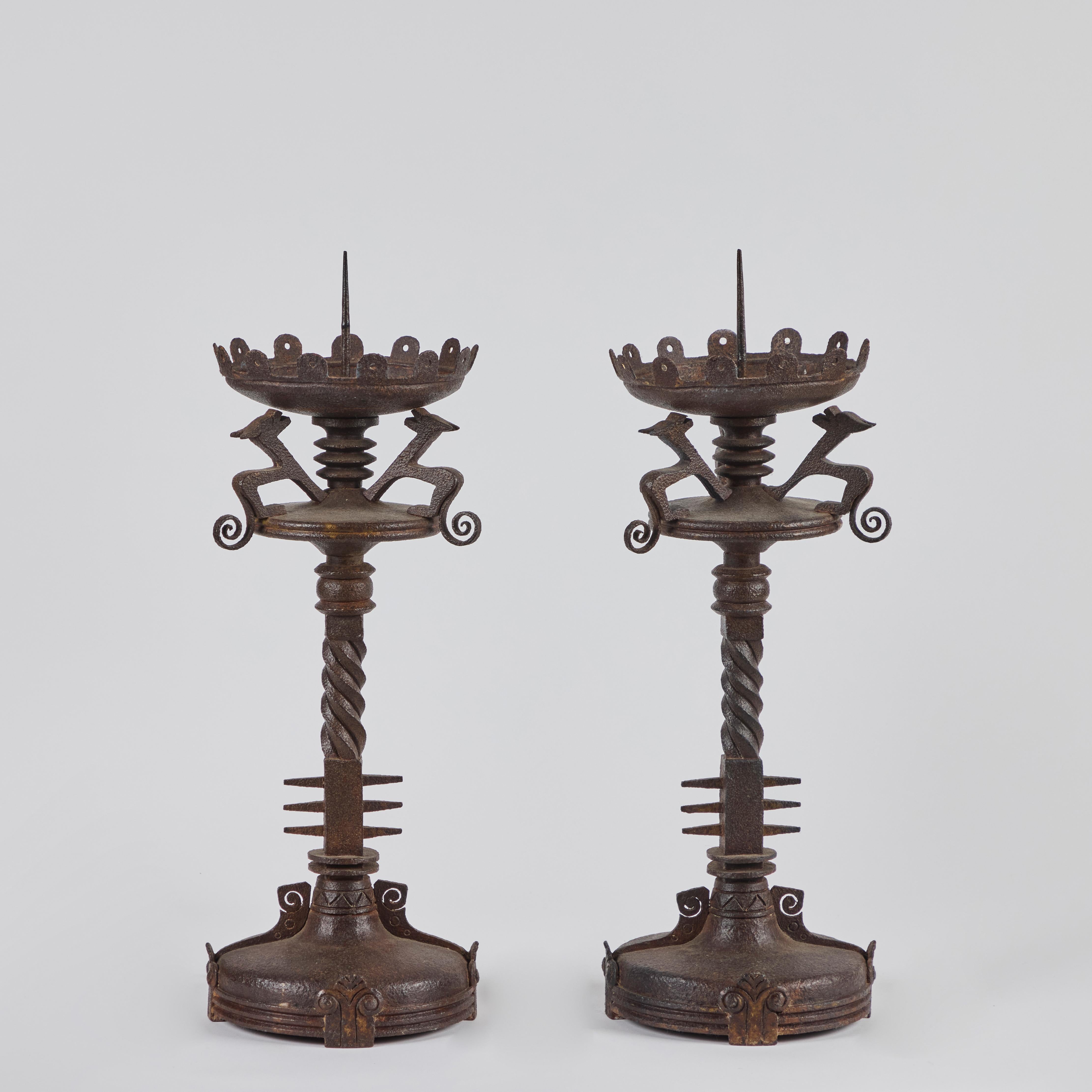 Italian Pair of Renaissance Revival Iron Pricket Sticks For Sale
