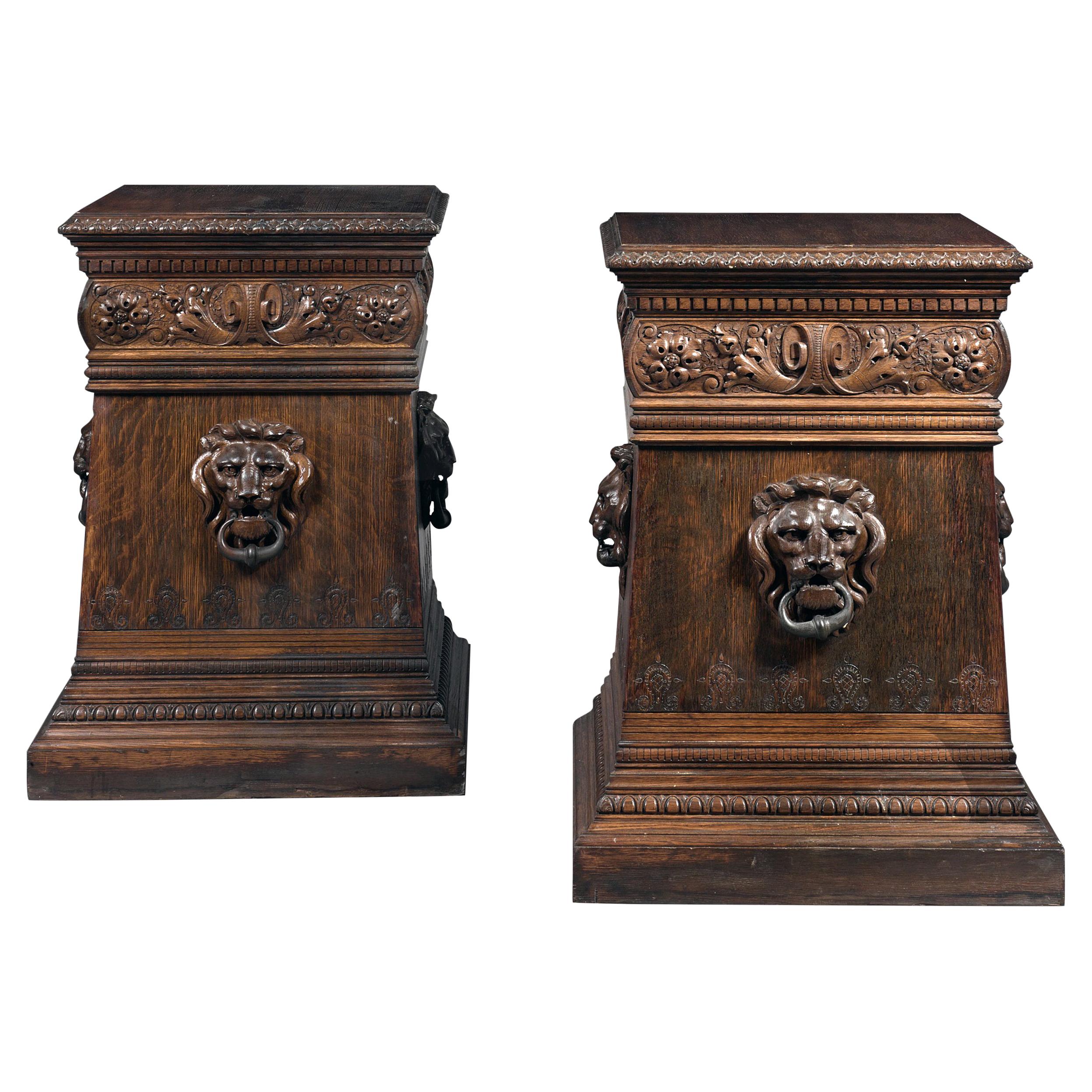 Pair of Renaissance Revival Oak Pedestals For Sale