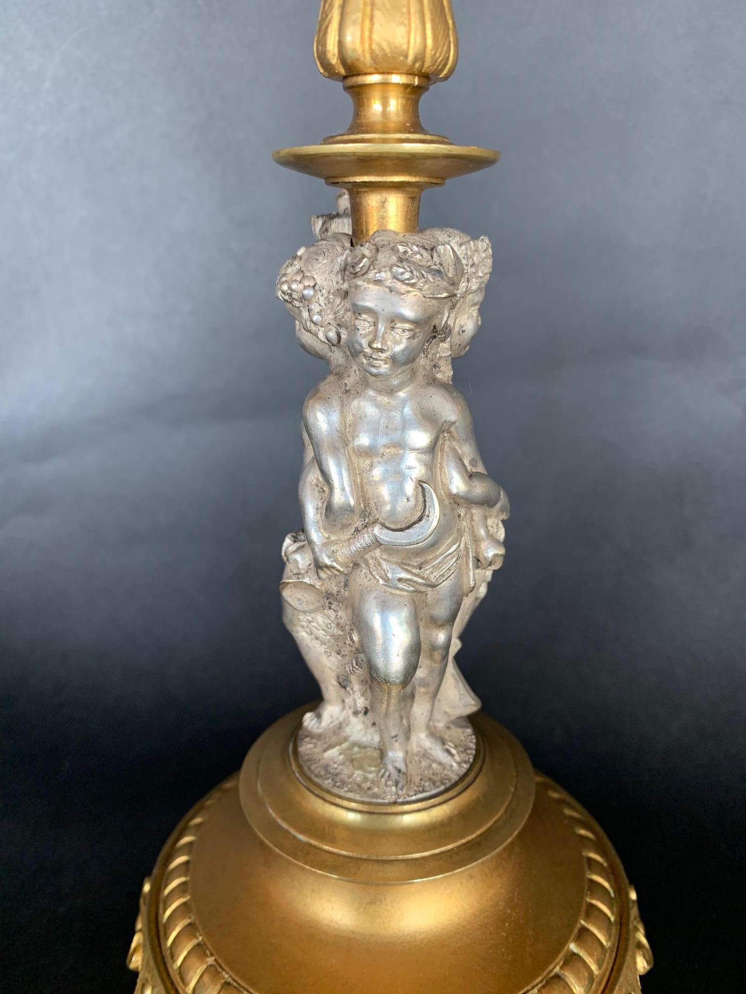 Pair of Renaissance Revival Part-Silvered Bronze Candlesticks In Good Condition For Sale In Los Angeles, CA