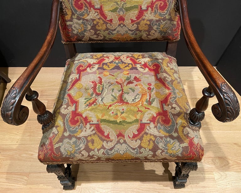 Hand-Carved Pair of Renaissance Revival Petit Point Arm Chairs For Sale