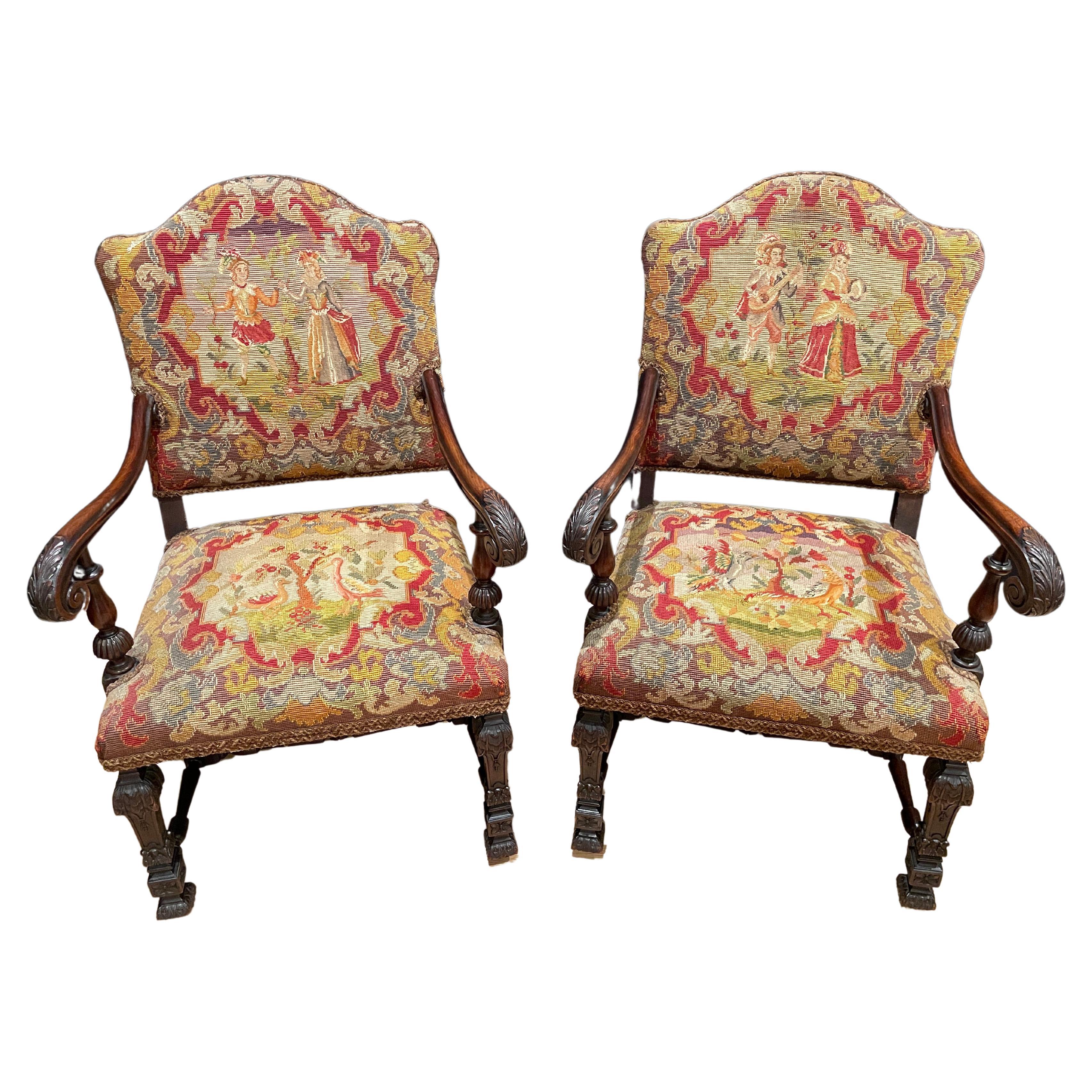 Pair of Renaissance Revival Petit Point Arm Chairs