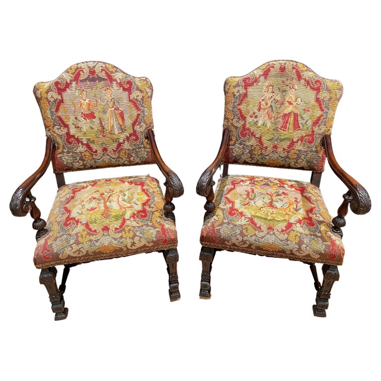 Pair of Renaissance Revival Petit Point Arm Chairs For Sale