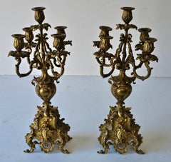 Pair of Renaissance Revival Style Brass Five Light Candelabra
