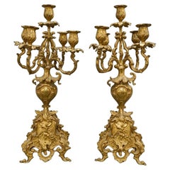 Pair of Renaissance Revival Style Brass Five Light Candelabra