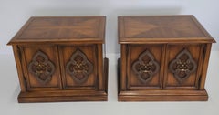 Pair of Renaissance Revival Style Walnut Bookmatched  Bedside Tables