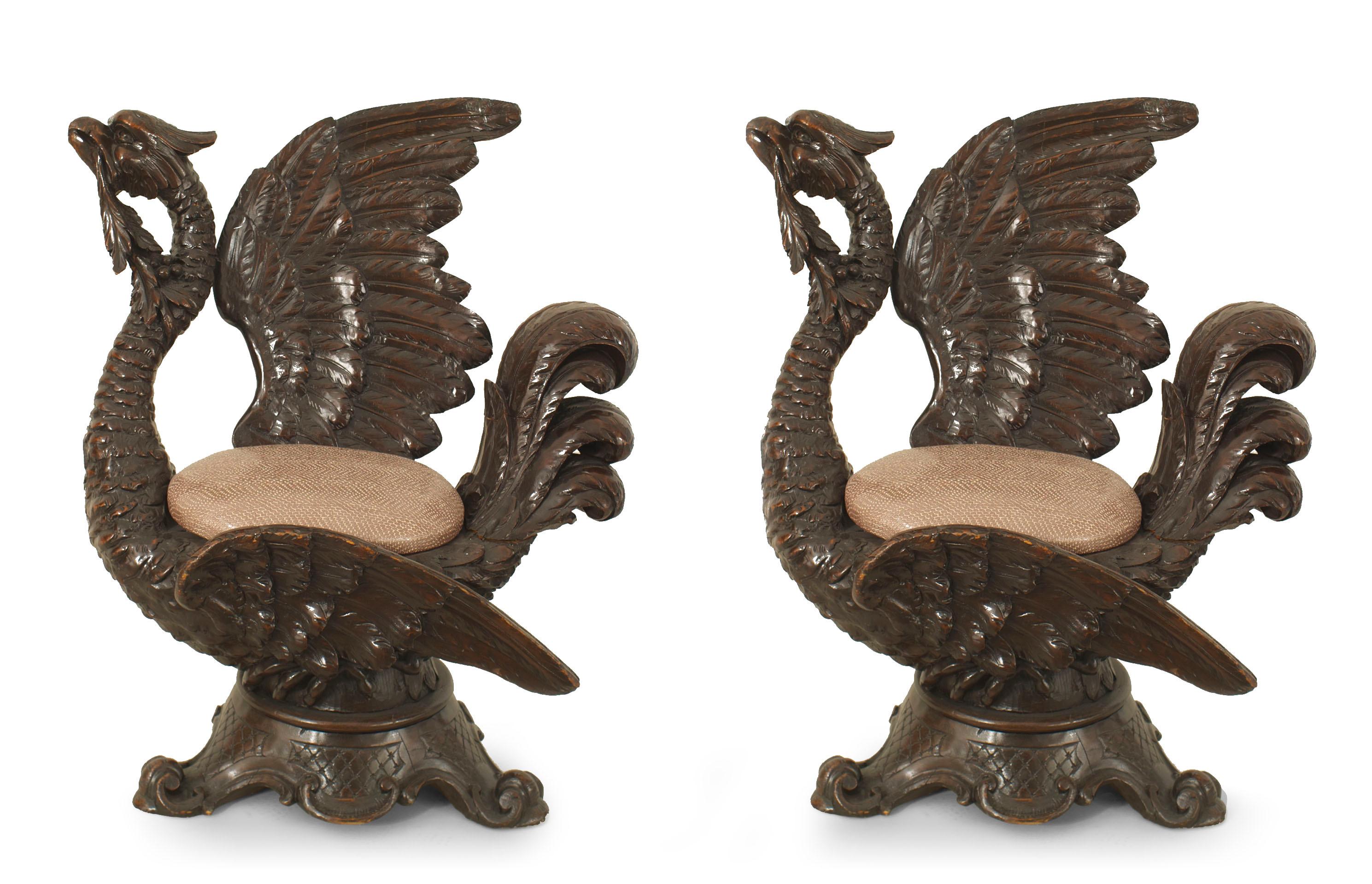 Pair of Northern Italian Renaissance style (19th Cent) walnut carved griffin shaped low side chairs with oval faux snake-skin seat
