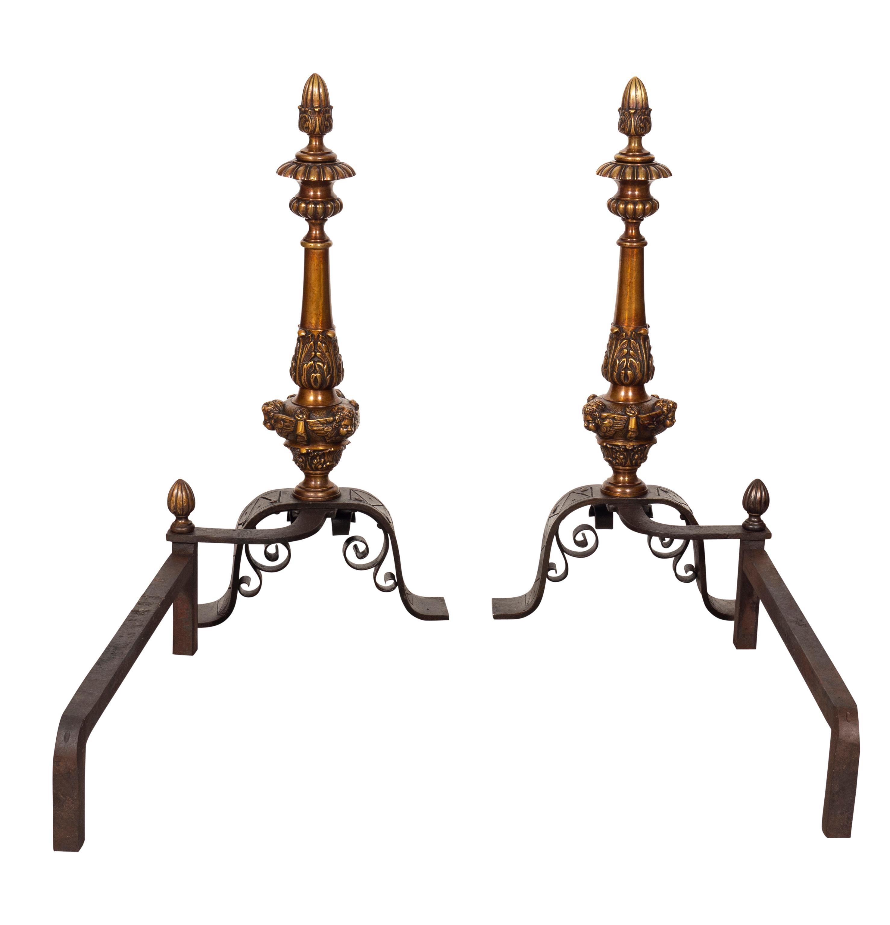 Pair of Renaissance Style Bronze Andirons For Sale 7