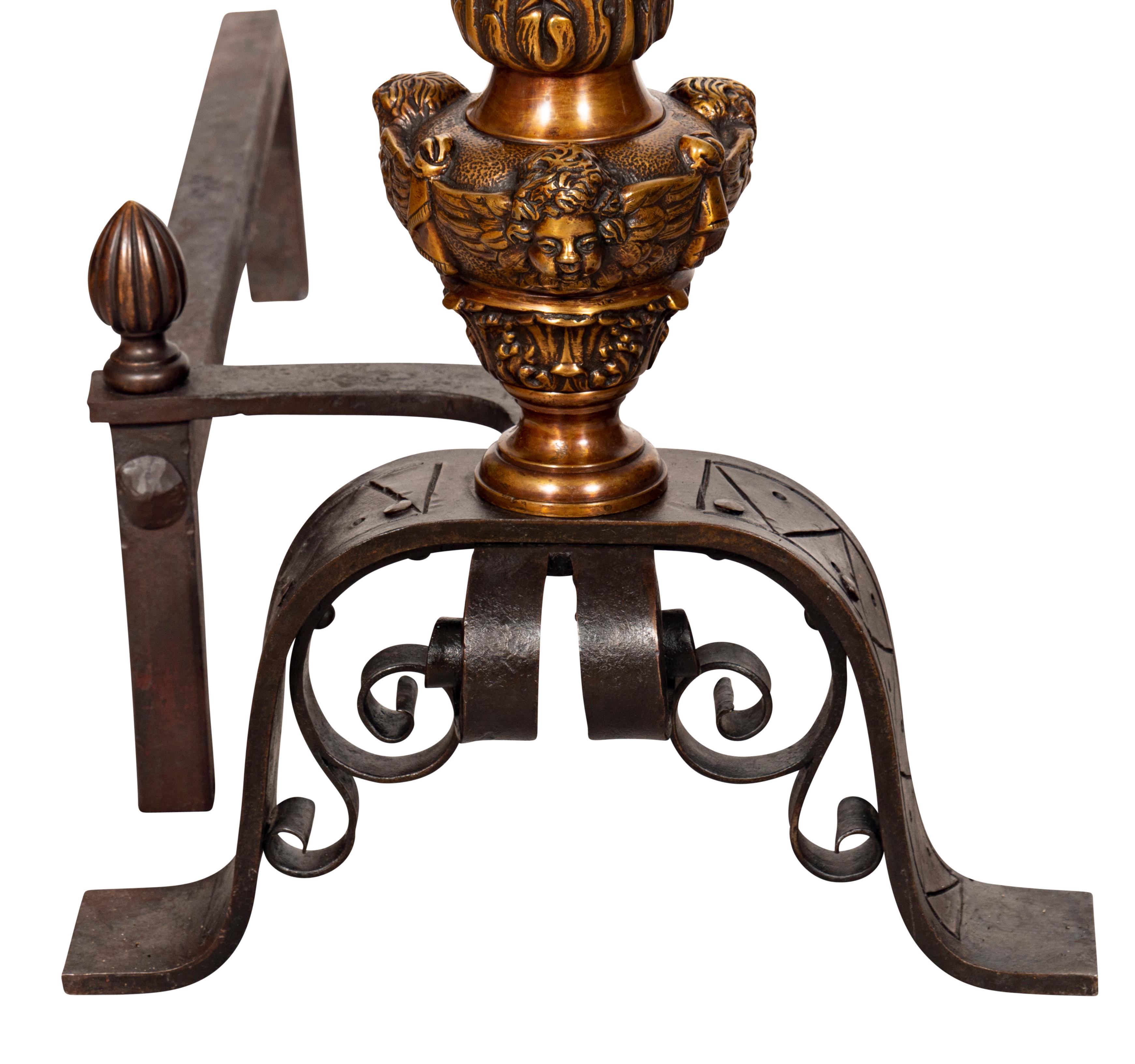 18th Century and Earlier Pair of Renaissance Style Bronze Andirons For Sale