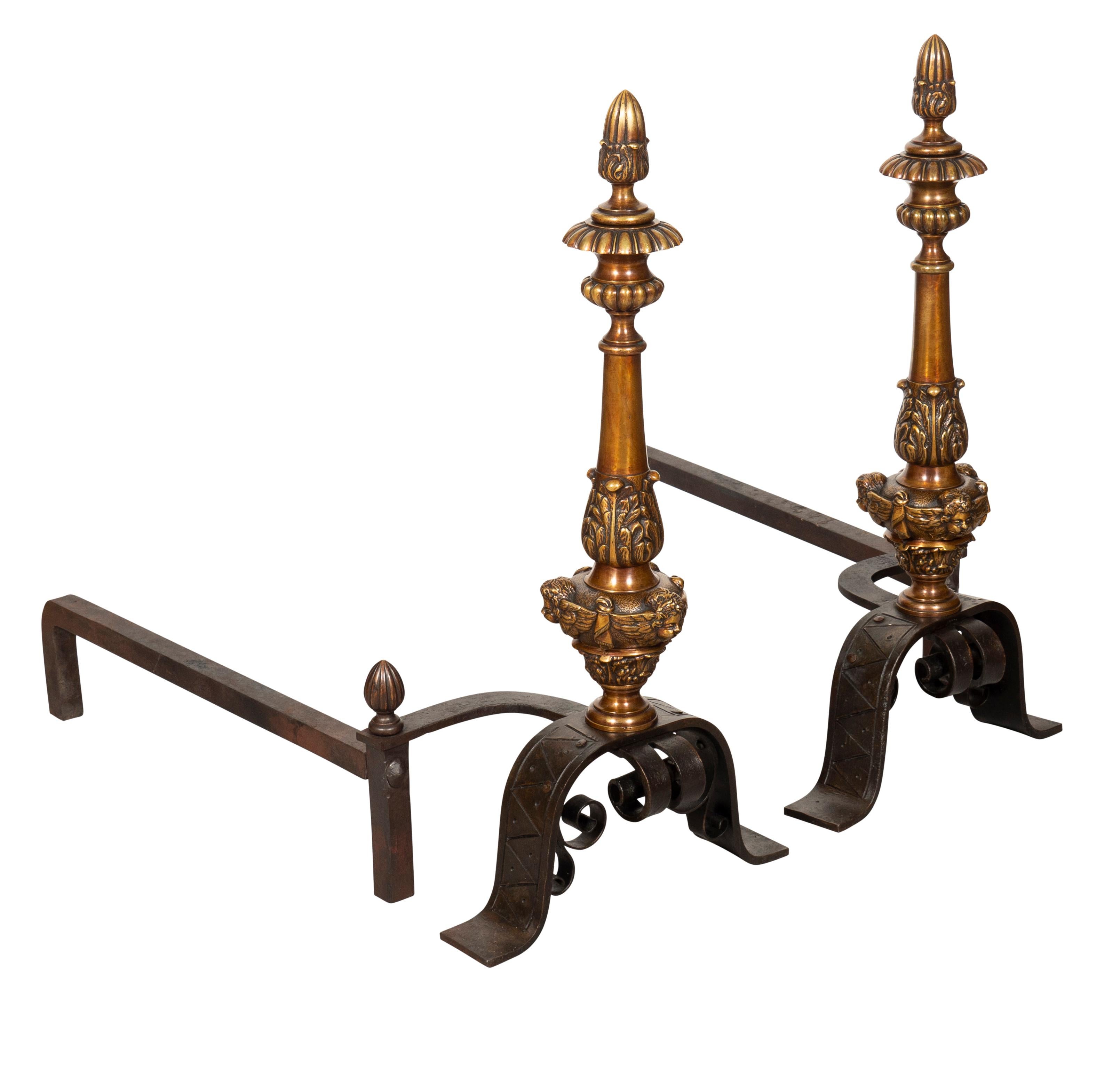 Pair of Renaissance Style Bronze Andirons For Sale 1