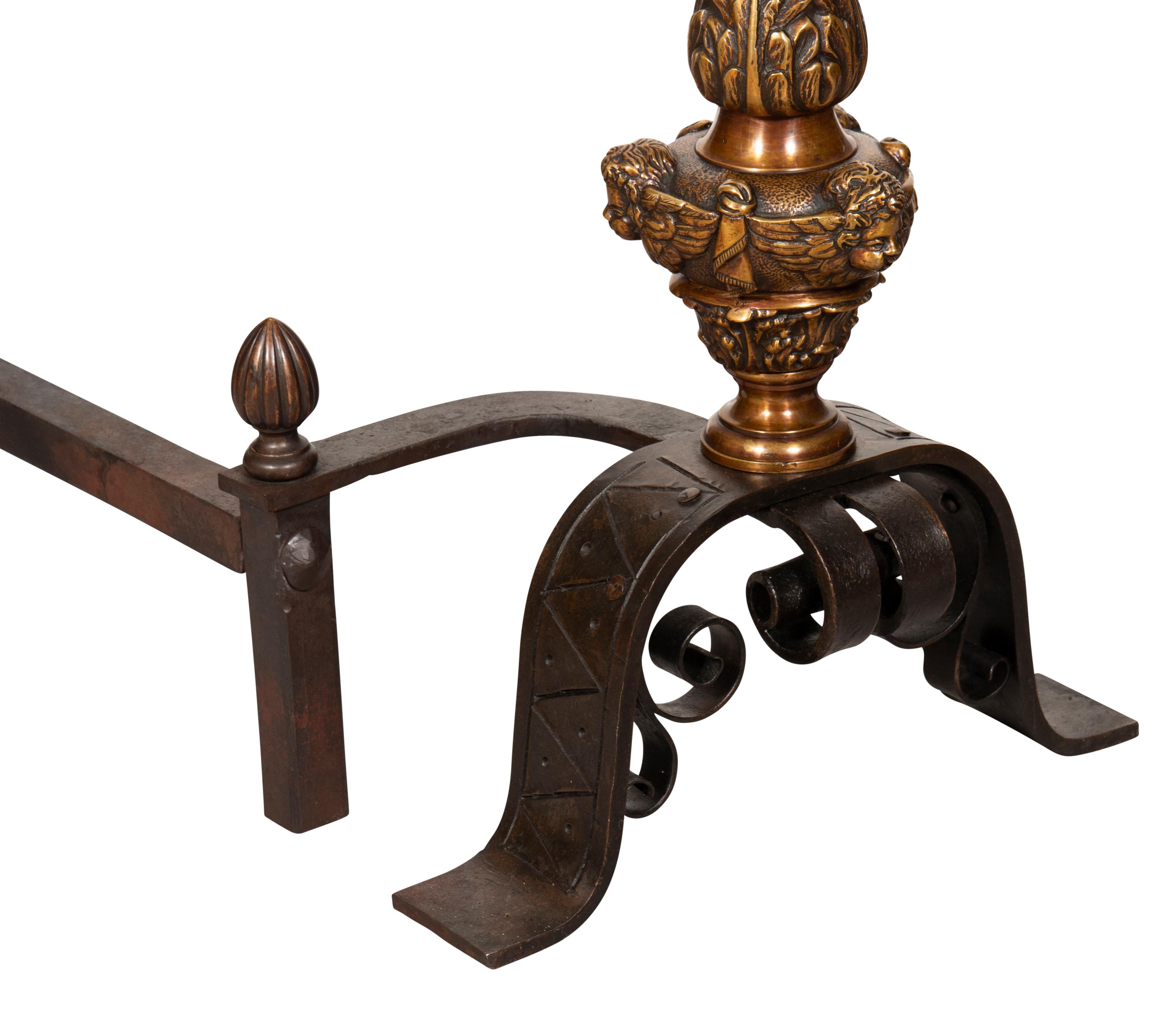 Pair of Renaissance Style Bronze Andirons For Sale 3