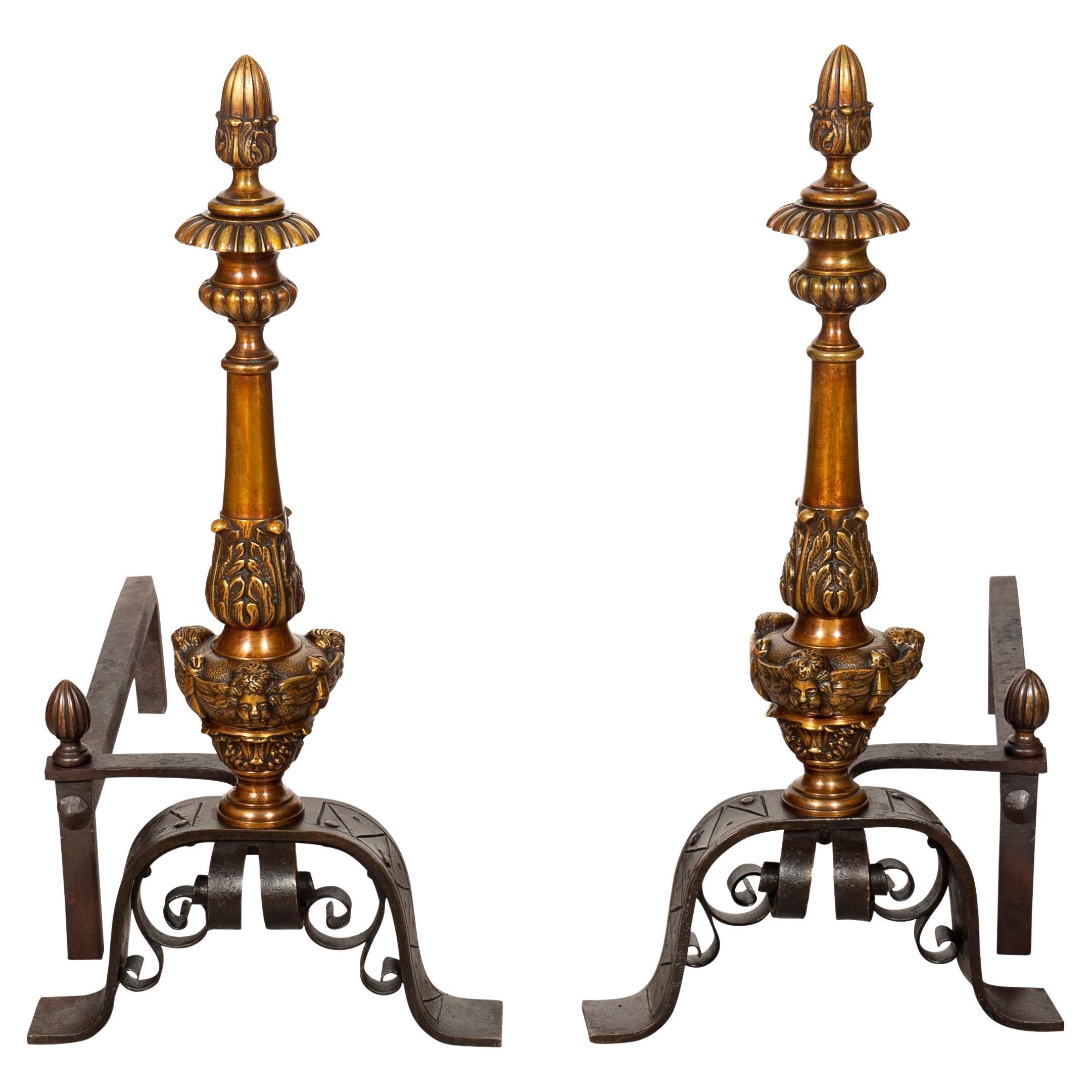 Pair of Renaissance Style Bronze Andirons For Sale