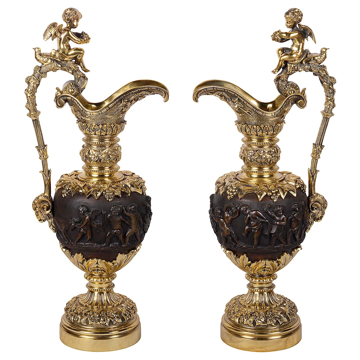 Pair of Renaissance Style Bronze Ewers, circa 1880 For Sale