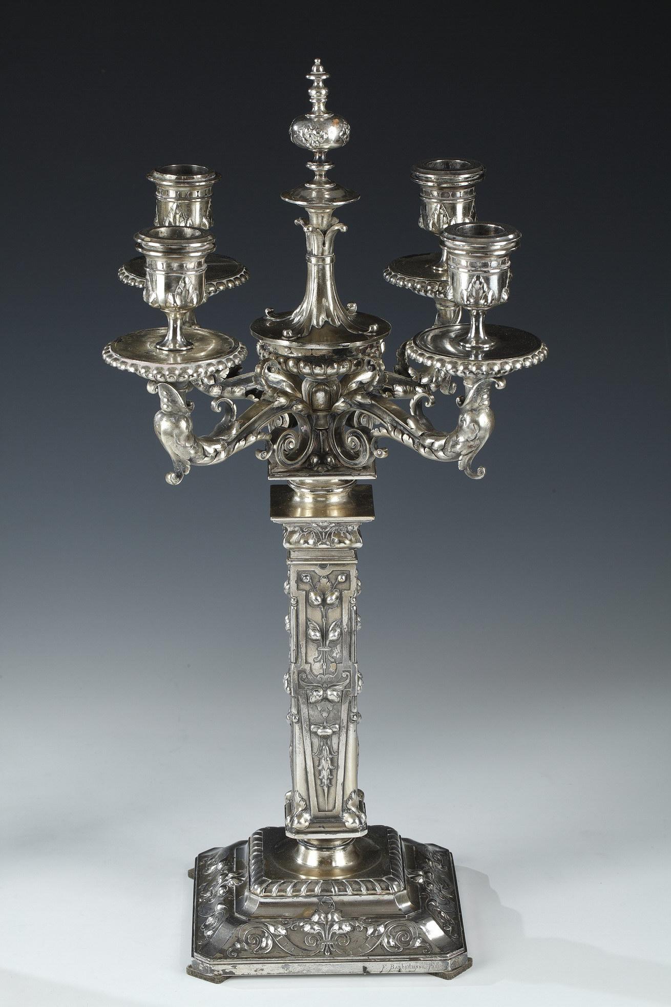 Silvered Pair of Candelabras by F. Barbedienne, L-C. Sevin and D. Attarge, France, 1869