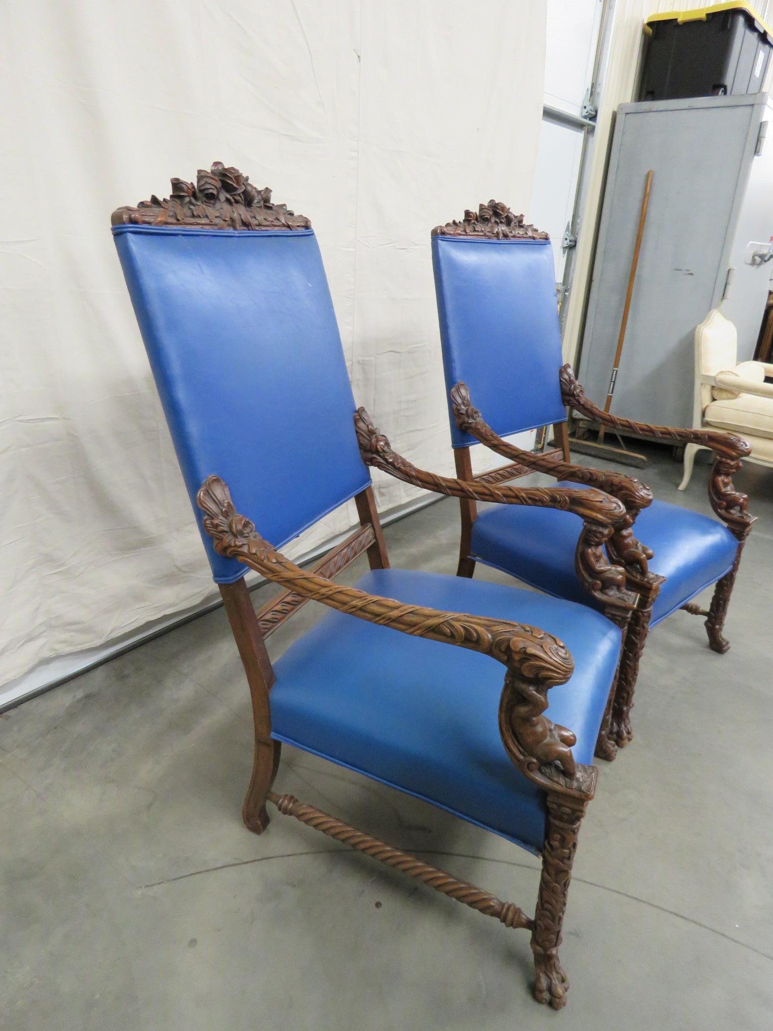 Leather Pair of Renaissance Style Cherub Putti Throne Chairs Attributed to Horner For Sale