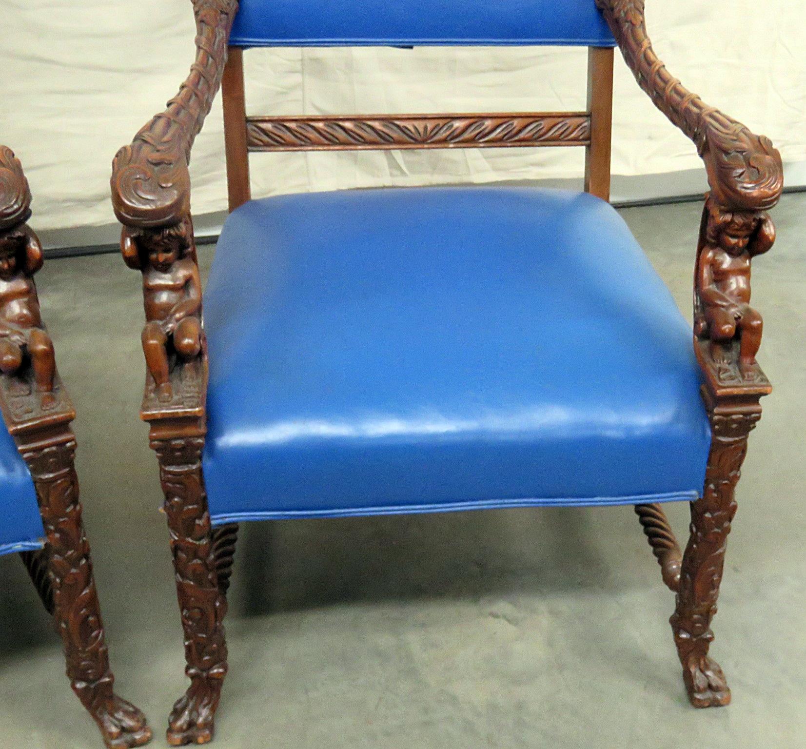 American Pair of Renaissance Style Cherub Putti Throne Chairs Attributed to Horner For Sale