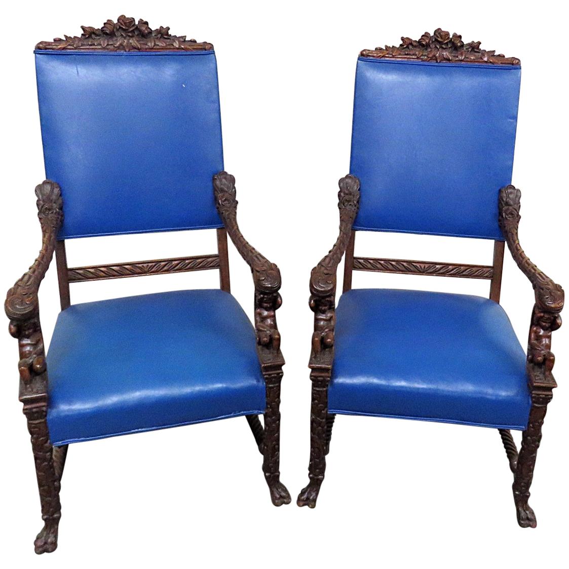 Pair of Renaissance Style Cherub Putti Throne Chairs Attributed to Horner