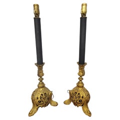 Pair of Renaissance Style Ebonized Metal and Cast Ormolu Table Lamps