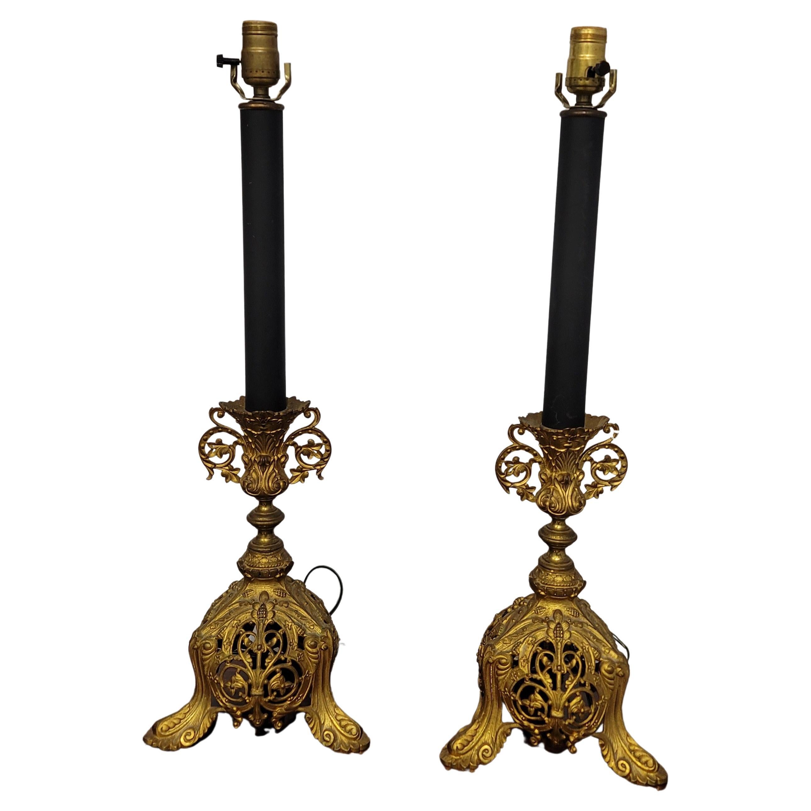 Metalwork Pair of Renaissance Style Ebonized Metal and Cast Ormolu Table Lamps For Sale