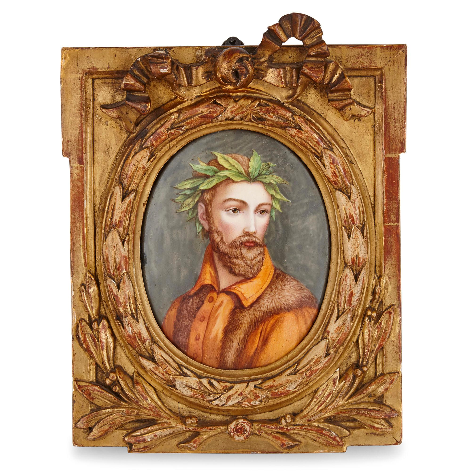 Pair of Renaissance style enamel plaques in giltwood frames
French, 19th Century
Dimensions: Frames: Height 24cm, width 18cm, depth 3cm
Plaques: Height 13cm, width 10cm

Held in ornately carved neoclassical giltwood frames, these Limoges enamel