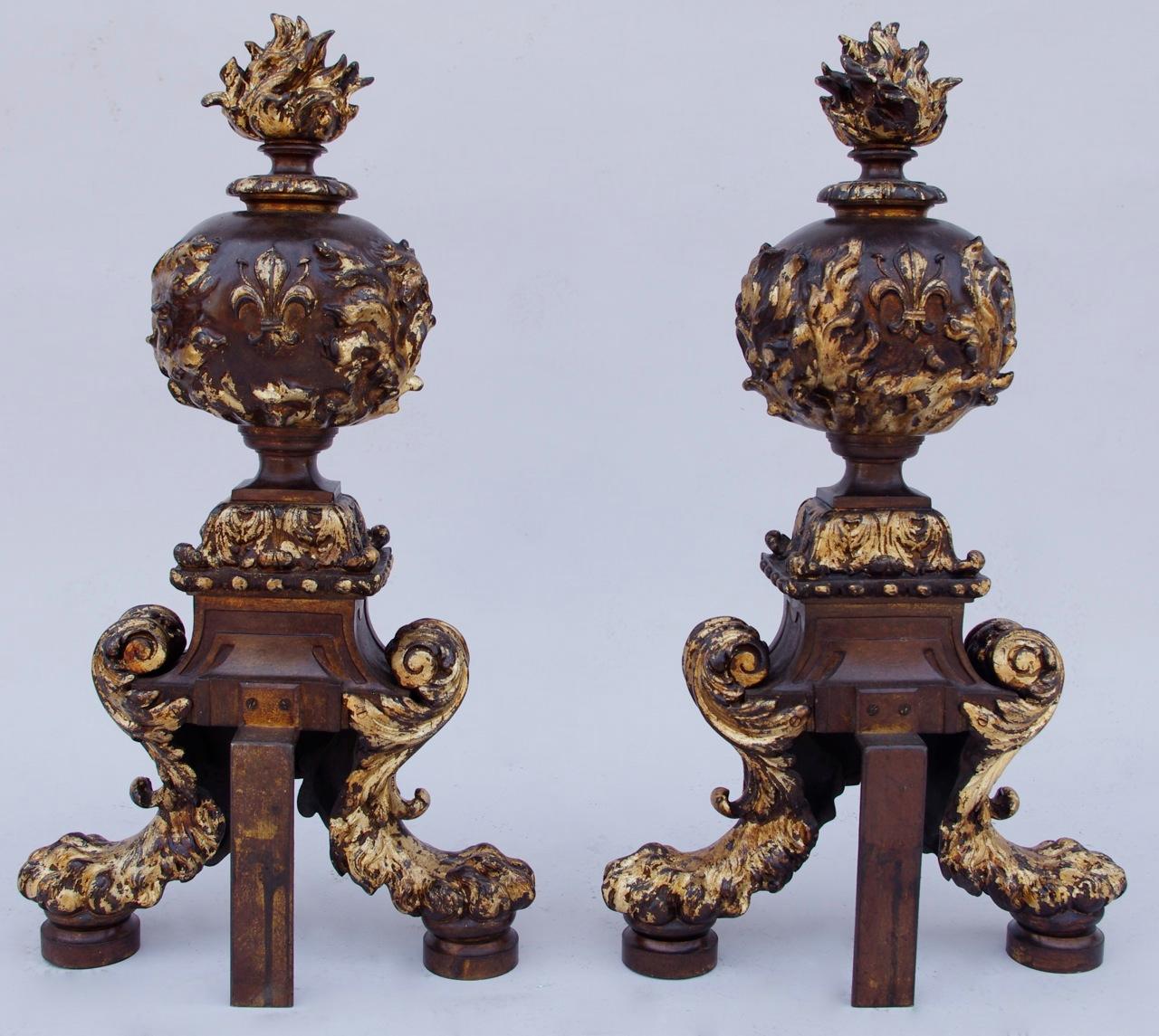 Patinated Pair of Renaissance Style Firedogs, Late 19th Century For Sale