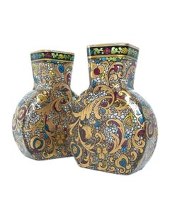 Pair of Renaissance Style Gilded & Enameled Glass Vases, Europe, 19th Century