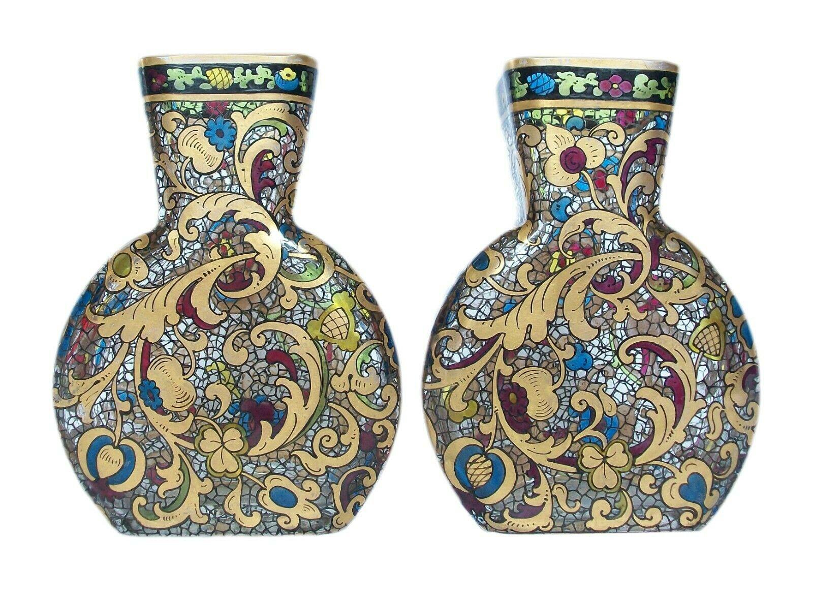 European Pair of Renaissance Style Gilded & Enameled Glass Vases, Europe, 19th Century For Sale