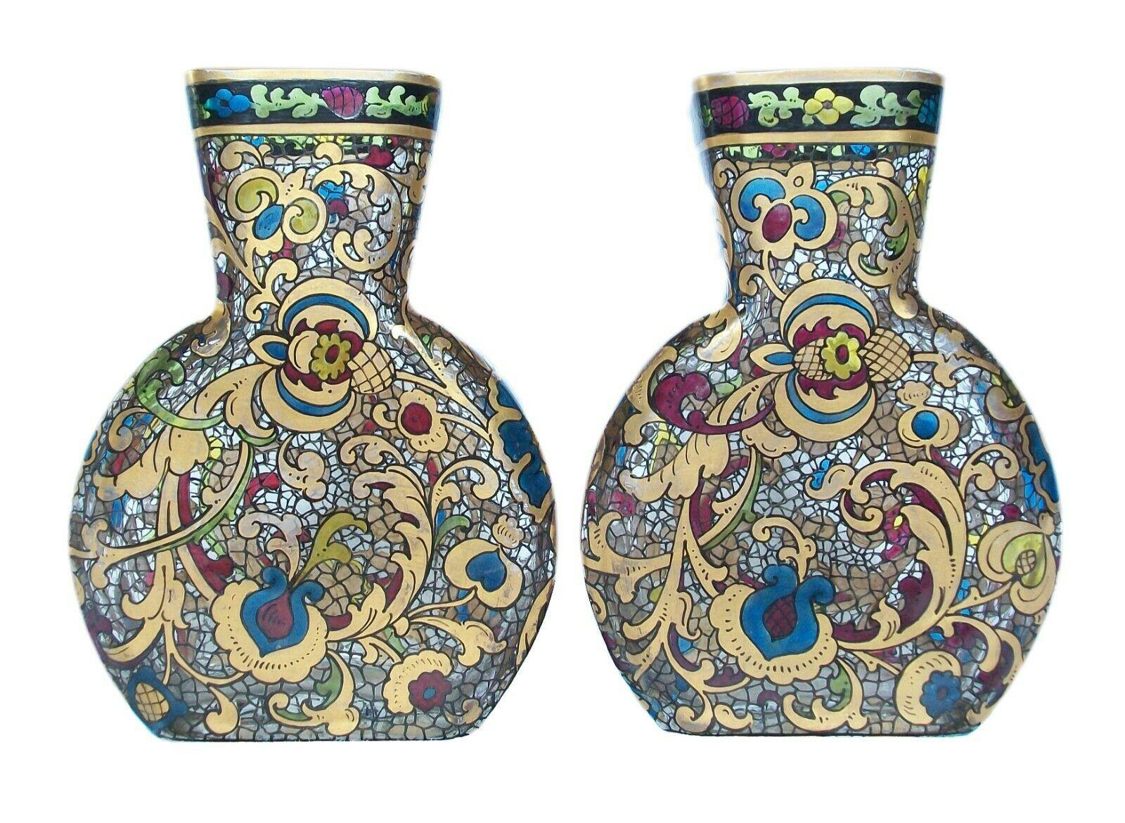 Hand-Painted Pair of Renaissance Style Gilded & Enameled Glass Vases, Europe, 19th Century For Sale