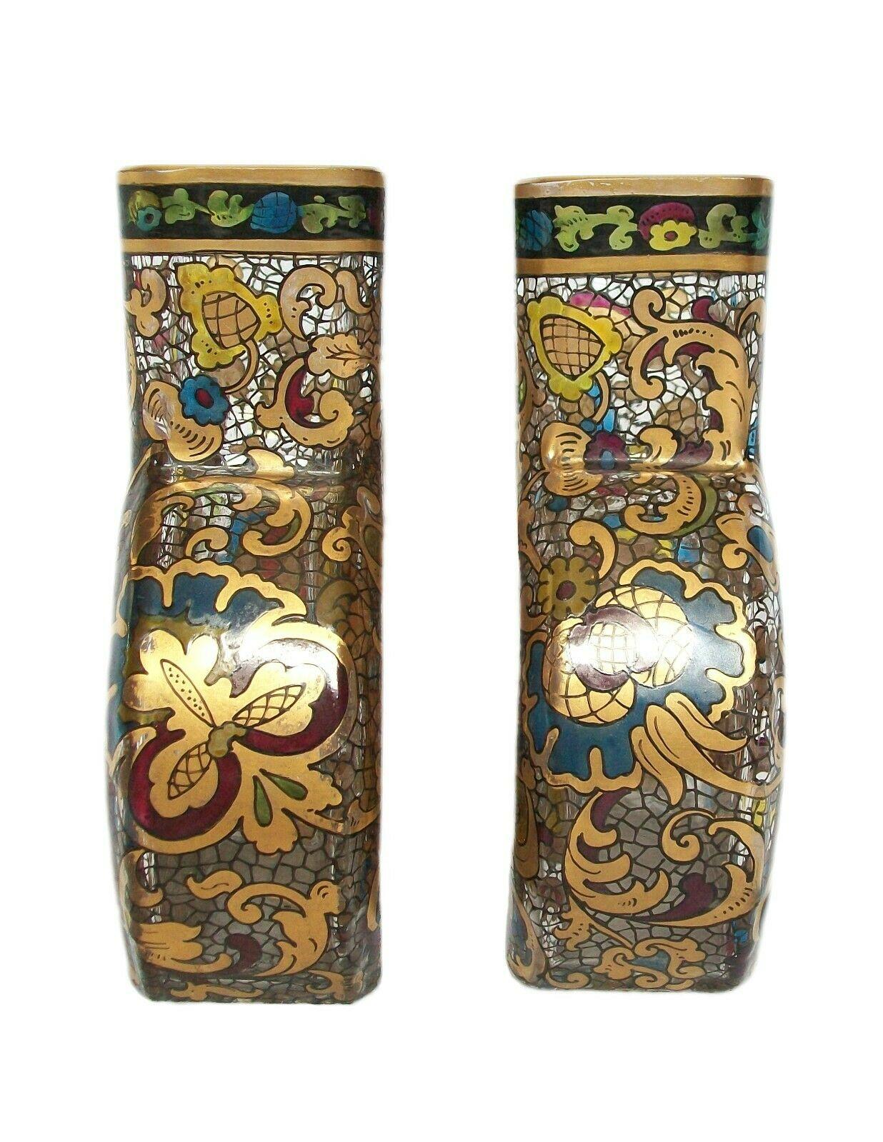 Pair of Renaissance Style Gilded & Enameled Glass Vases, Europe, 19th Century In Good Condition For Sale In Chatham, ON