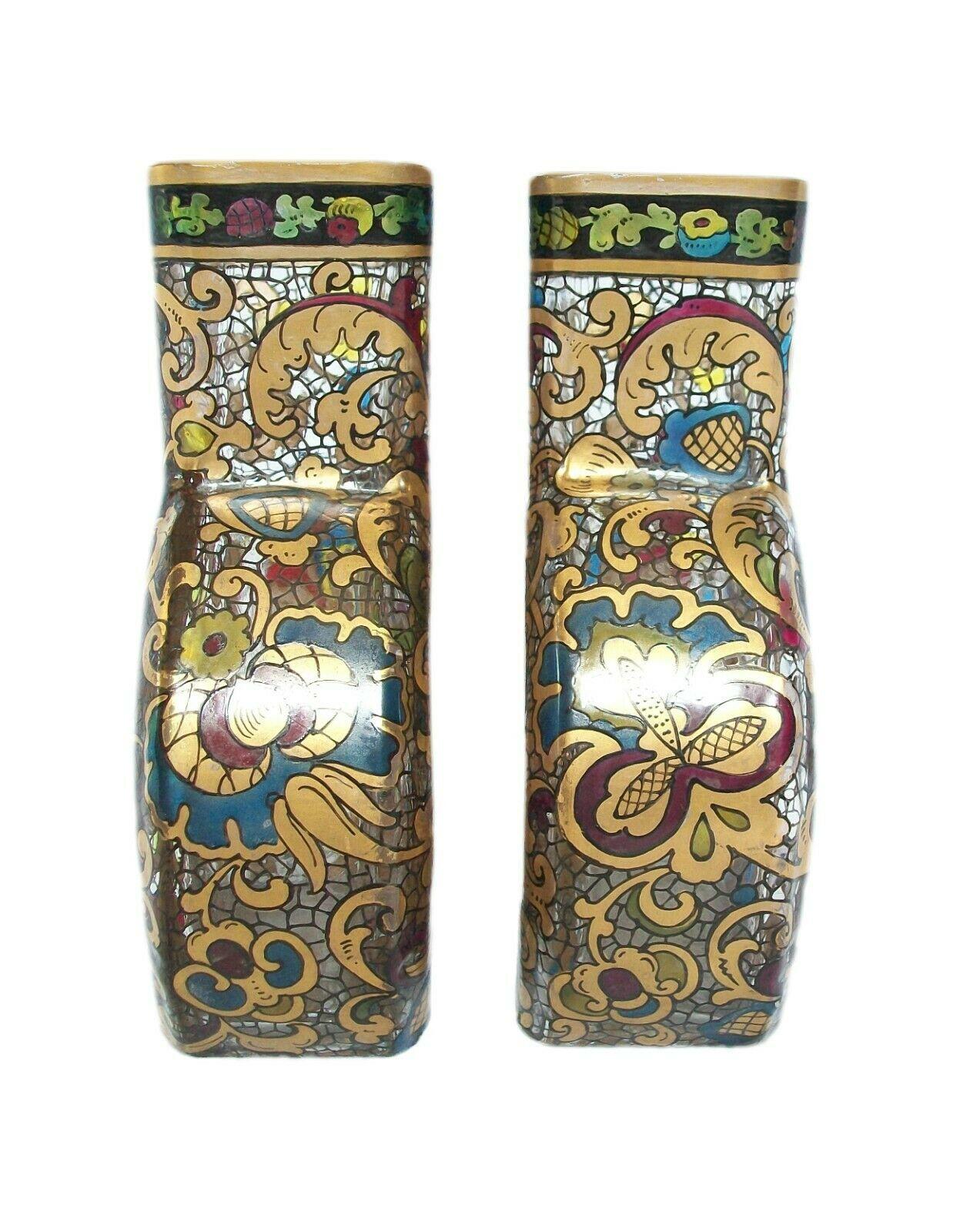 Pair of Renaissance Style Gilded & Enameled Glass Vases, Europe, 19th Century For Sale 1